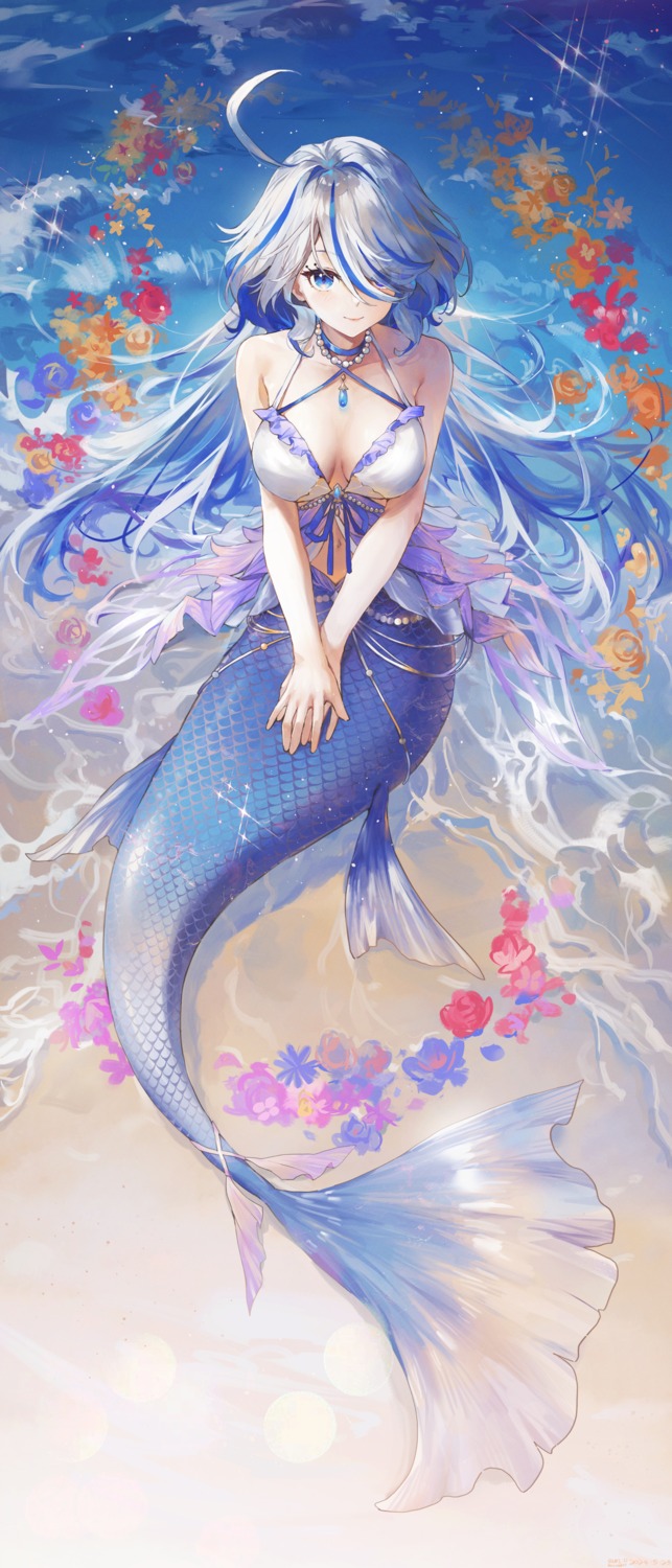 bikini_top furina genshin_impact mermaid monster_girl swimsuits swkl:d tail wet