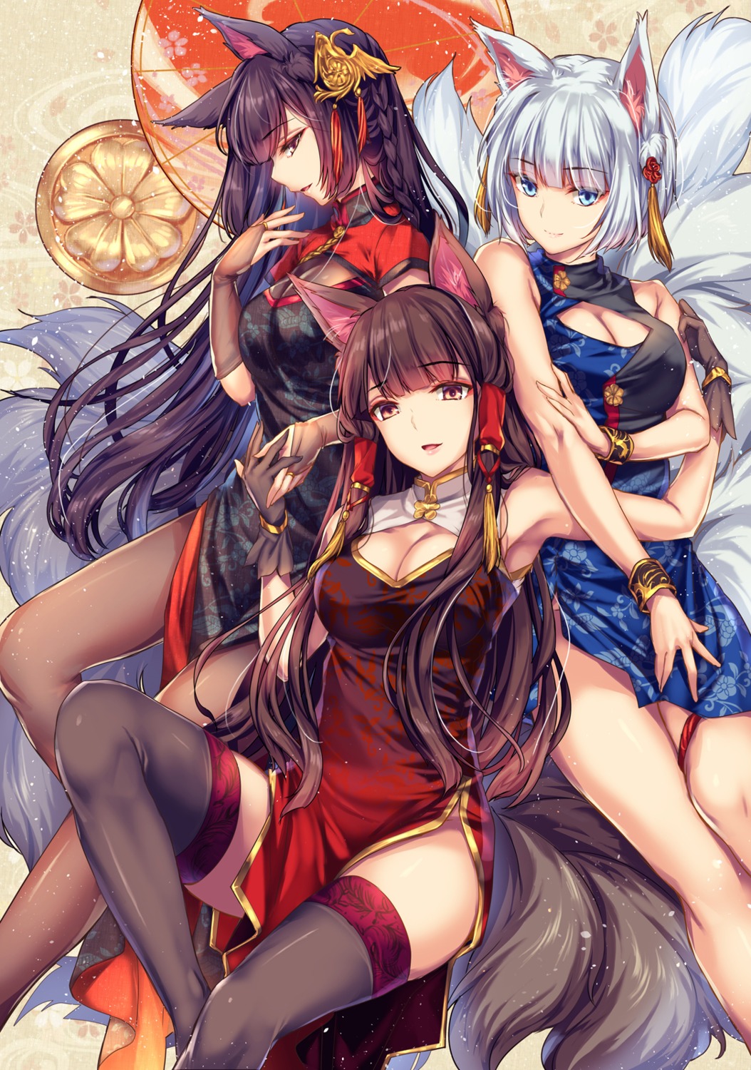 akagi_(azur_lane) amagi_(azur_lane) animal_ears azur_lane chinadress cleavage garter kaga_(azur_lane) kitsune monety skirt_lift tail thighhighs