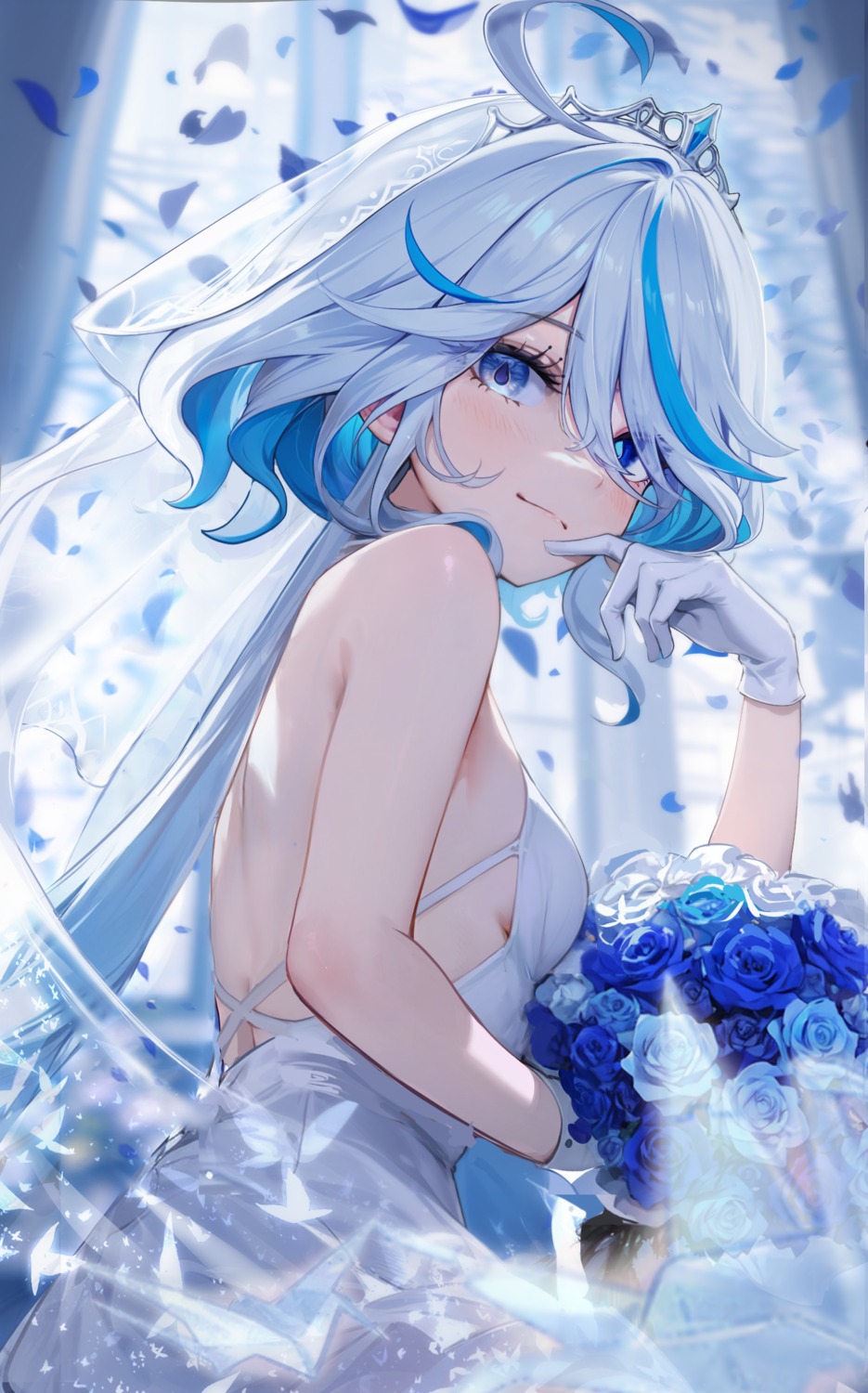 dress furina genshin_impact heterochromia no_bra shuimonianhua wedding_dress