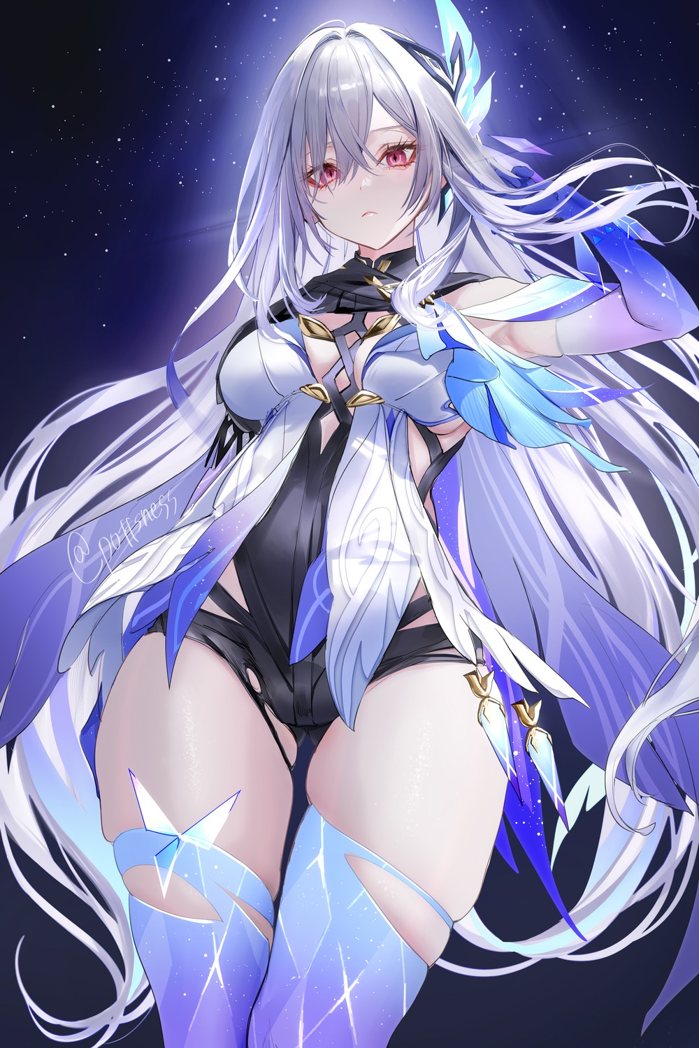 genshin_impact no_bra pottsness skirk thighhighs torn_clothes