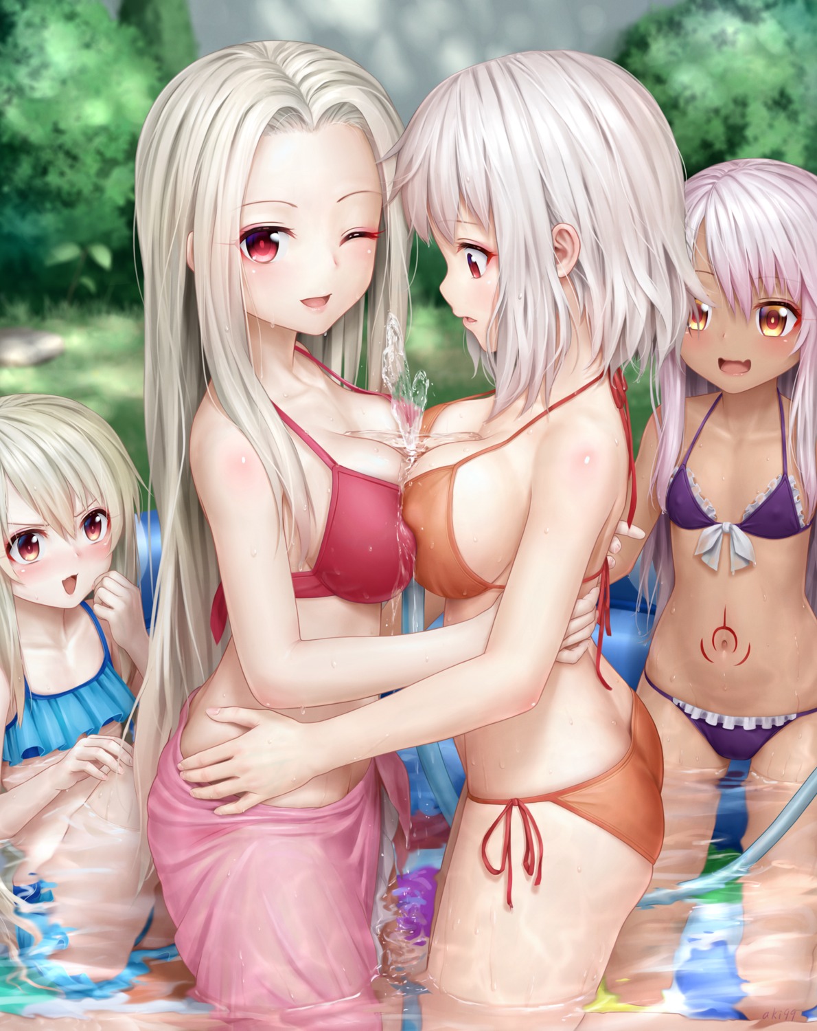 aki99 bikini chloe_von_einzbern cleavage erect_nipples fate/kaleid_liner_prisma_illya fate/stay_night illyasviel_von_einzbern irisviel_von_einzbern leysritt swimsuits symmetrical_docking tattoo wet