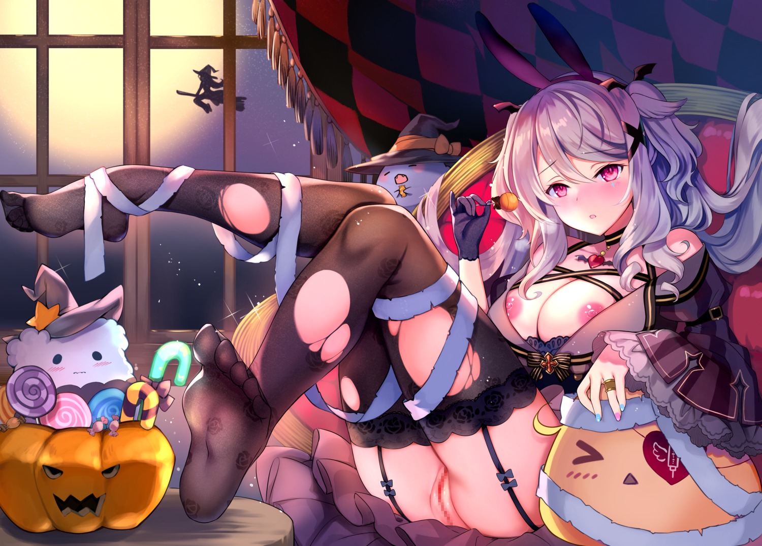 animal_ears bandages bunny_ears censored feet halloween nipples no_bra nopan open_shirt pussy rei skirt_lift stockings thighhighs torn_clothes witch