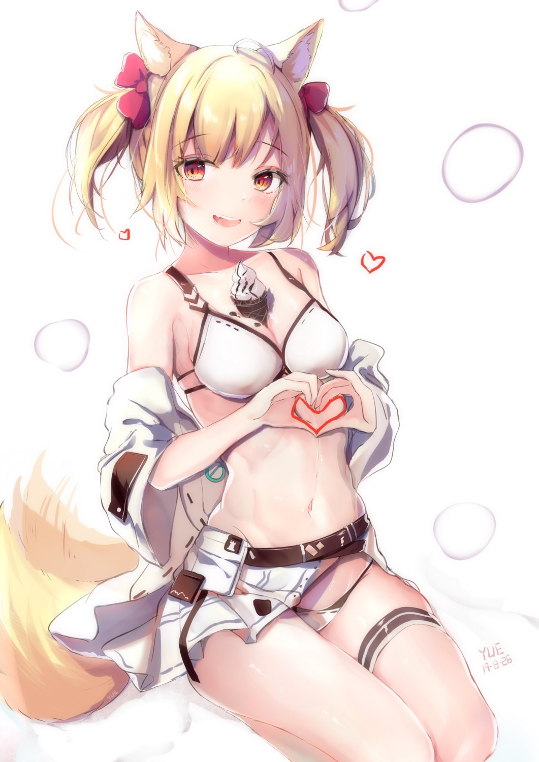 animal_ears arknights bikini cleavage cream garter open_shirt sora_(arknights) swimsuits tail yue_(qtxyjiang)