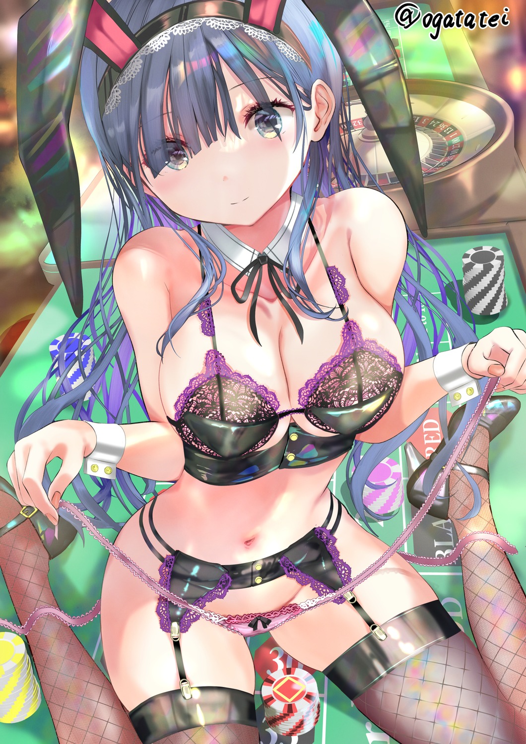 animal_ears bra bunny_ears fishnets garter_belt heels lingerie ogata_tei pantsu stockings thighhighs undressing