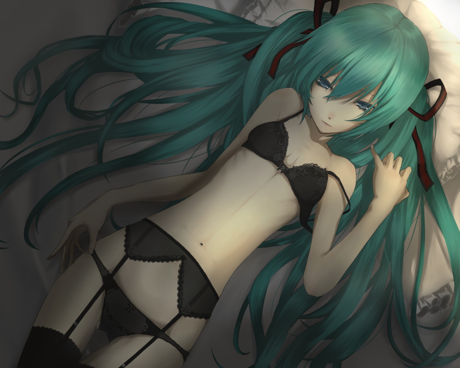 bra garter_belt hatsune_miku pantsu saimon_(pixiv) stockings thighhighs vocaloid