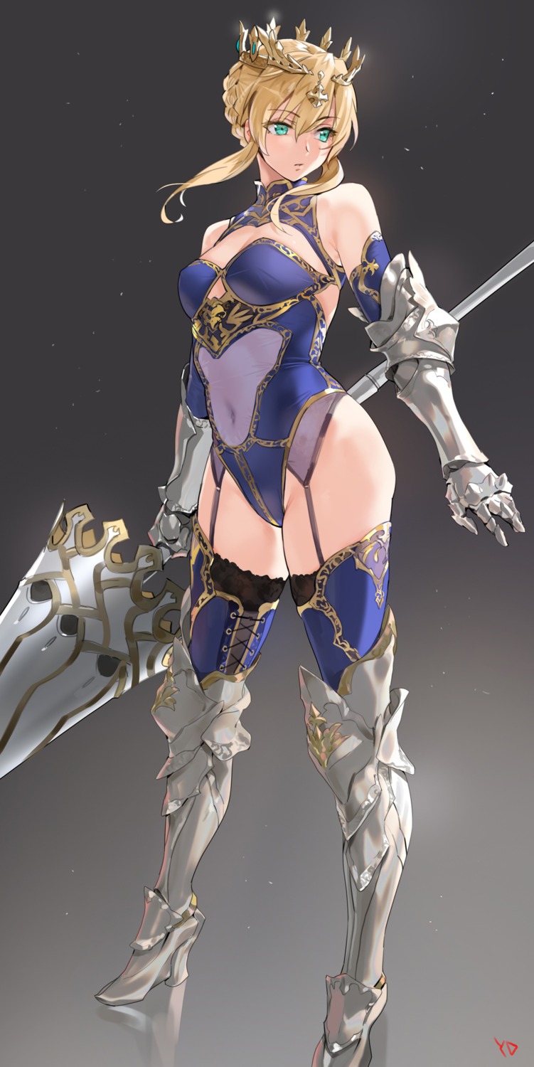 armor artoria_pendragon_(lancer) cleavage fate/grand_order heels leotard stockings thighhighs weapon yd_(orange_maru)