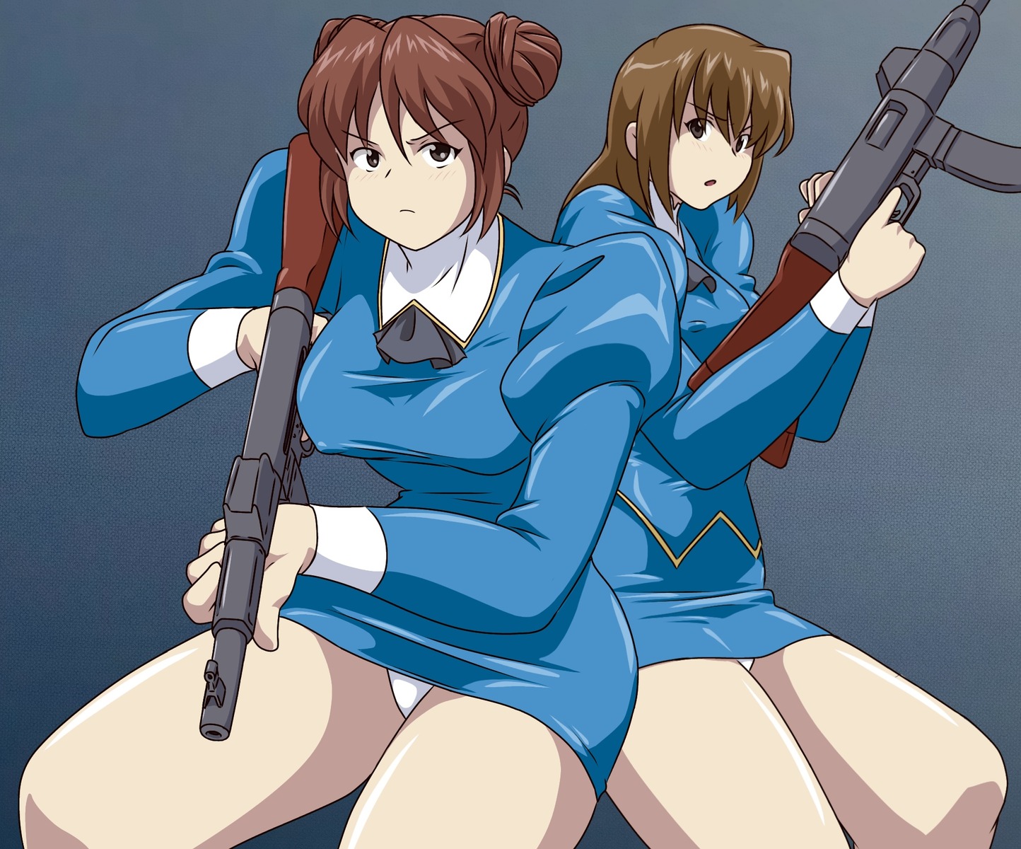 agent_aika aika_(series) blue_delmo blue_delmo_b blue_delmo_c erect_nipples gun kuroyoshi pantsu skirt_lift uniform