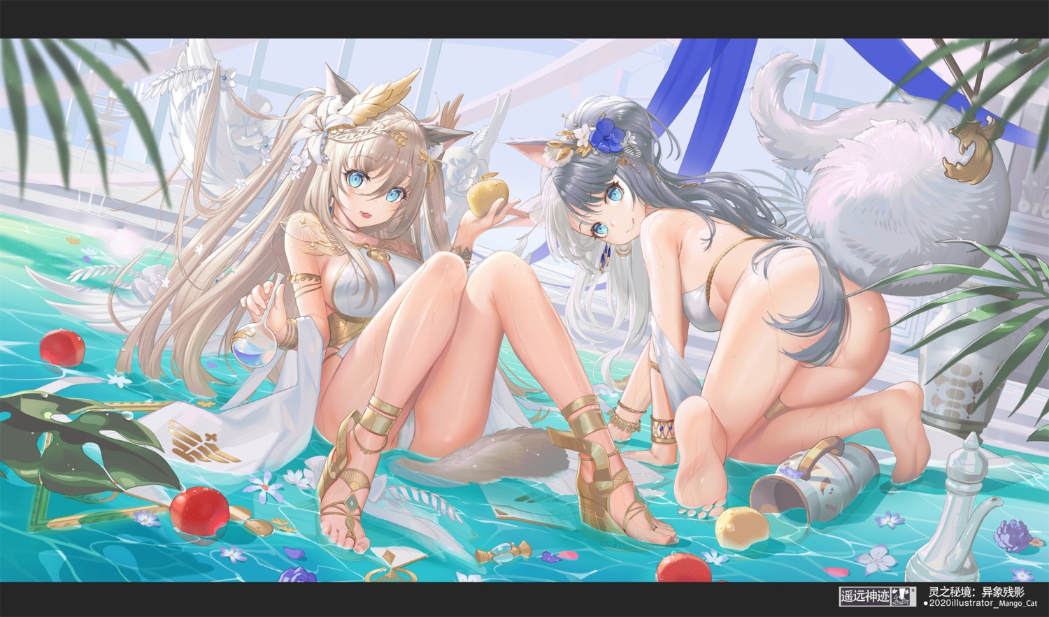 animal_ears ass bikini_top bottomless cameltoe feet garter heels mango_cat nekomimi swimsuits tail wet