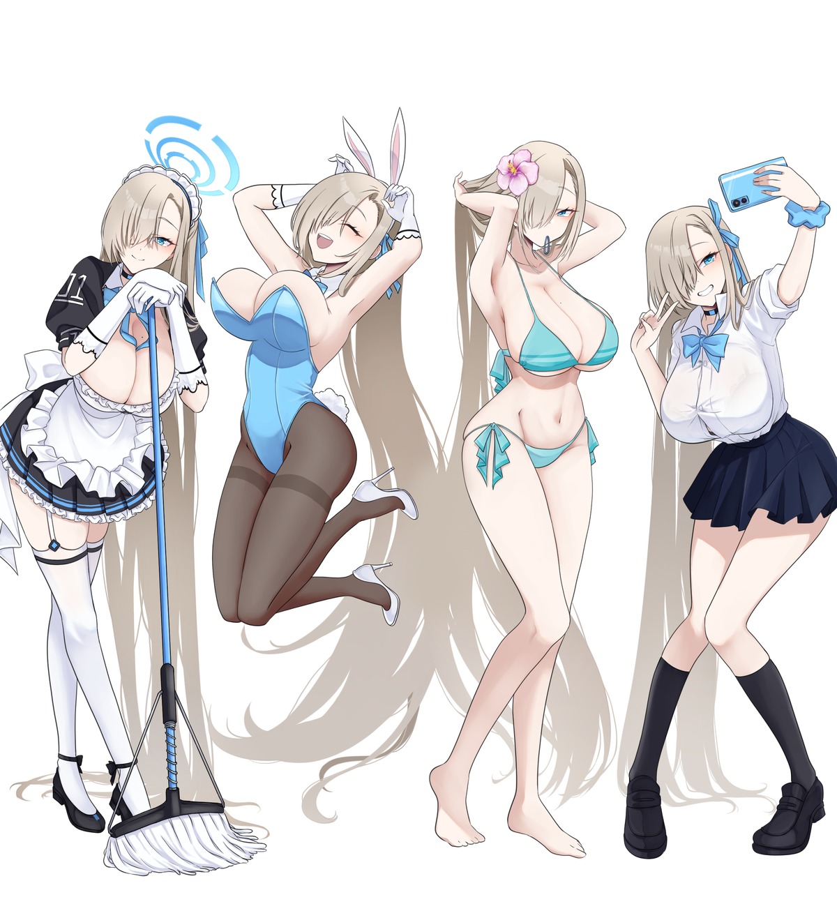 animal_ears bikini blue_archive bunny_ears bunny_girl halo heels ichinose_asuna maid no_bra pantyhose seifuku selfie stockings swimsuits tail thighhighs yoru0409