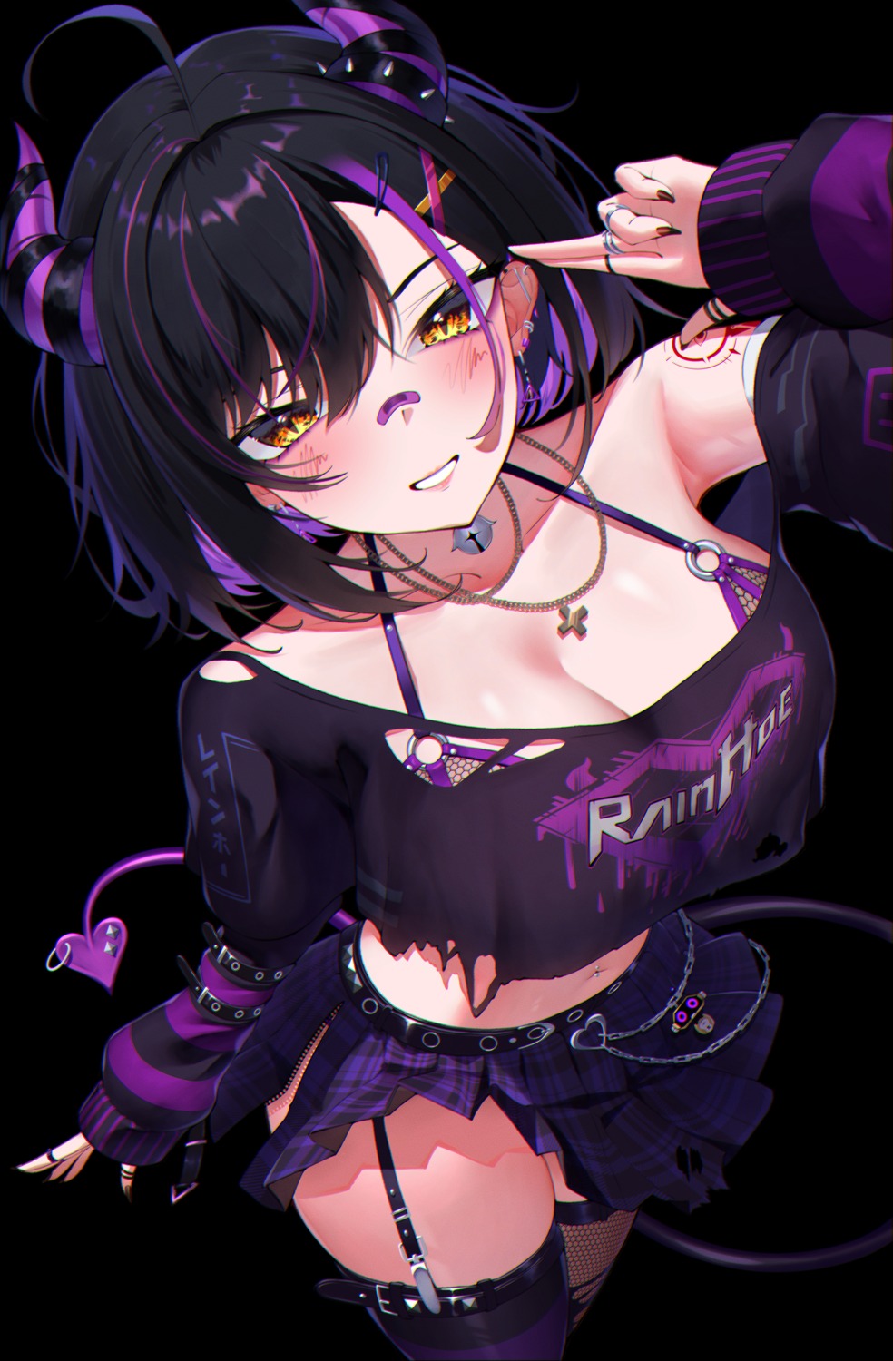 bandaid bra devil fishnets garter himeliofon horns indie_virtual_youtuber rainhoe skirt_lift stockings tail tattoo thighhighs torn_clothes