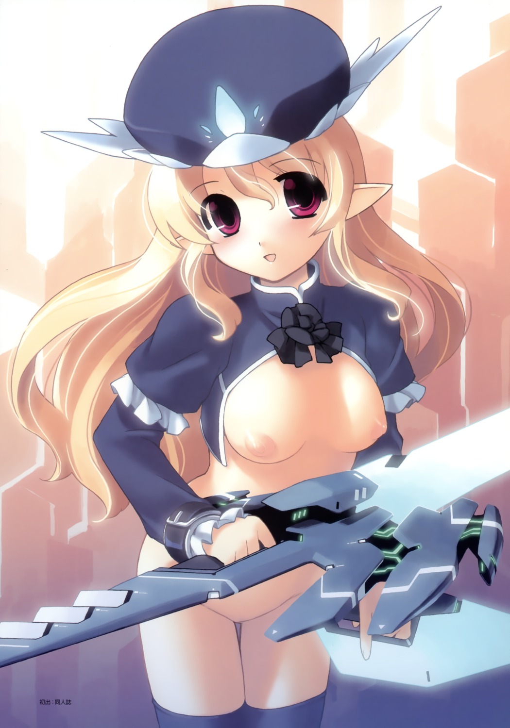 bottomless breasts elf jiji mc_axis nipples pointy_ears sword thighhighs