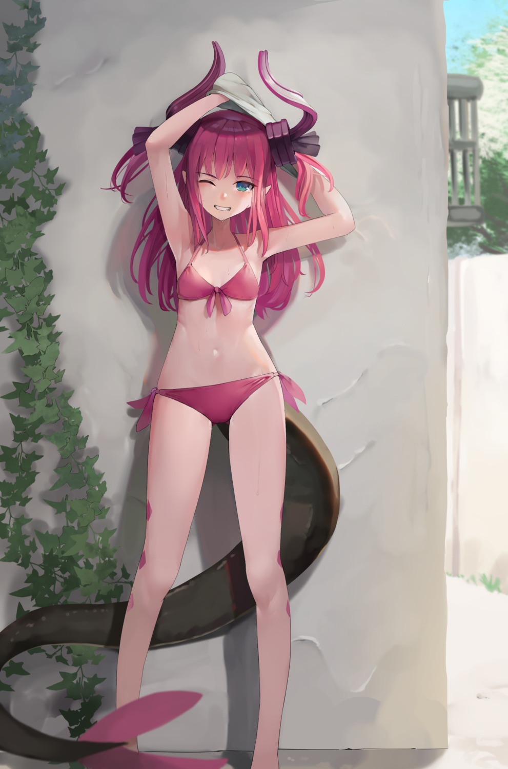 bikini cleavage elizabeth_bathory fate/grand_order horns pointy_ears sunga2usagi swimsuits tail