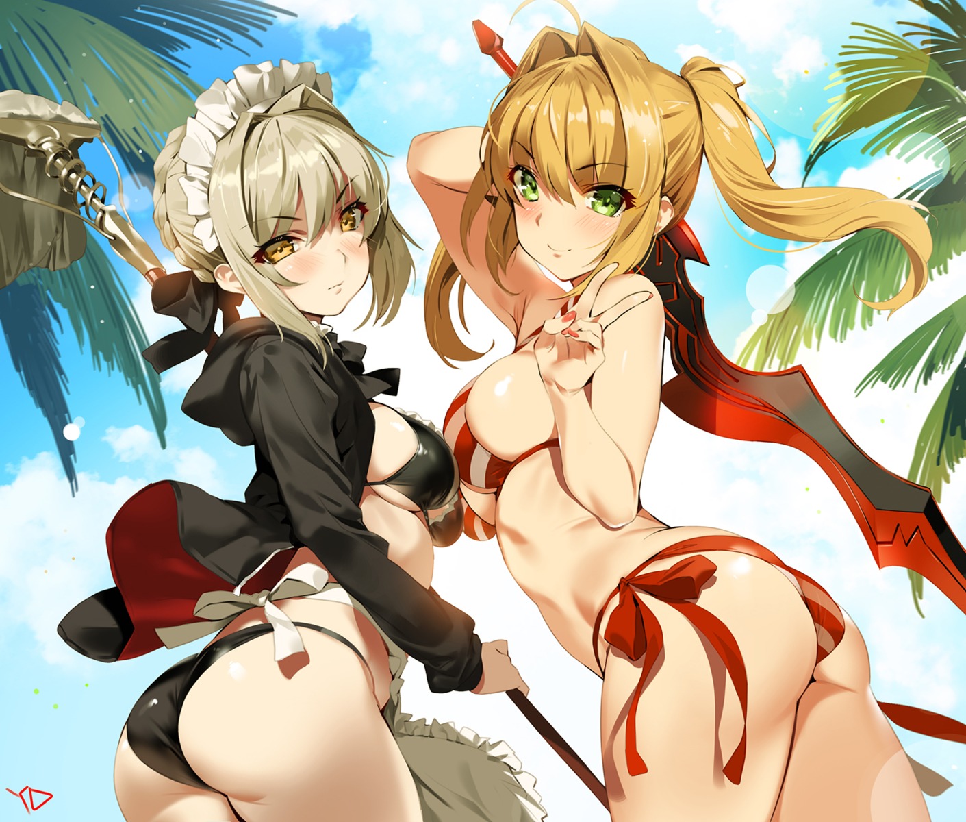 ass bikini fate/grand_order maid open_shirt saber saber_alter saber_extra swimsuits sword symmetrical_docking underboob yd_(orange_maru)