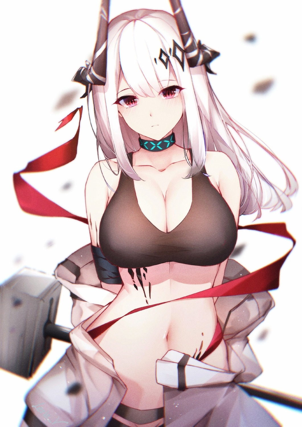 arknights bra cleavage horns leria_v mudrock_(arknights) open_shirt