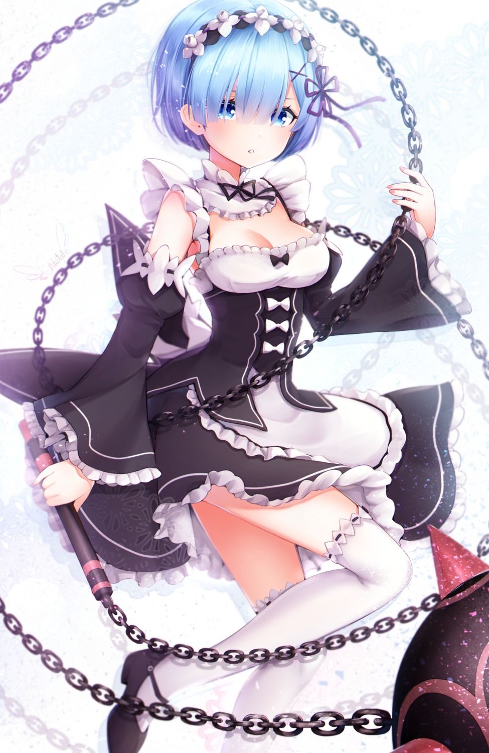 chiutake_mina re_zero_kara_hajimeru_isekai_seikatsu rem_(re_zero) skirt_lift thighhighs weapon