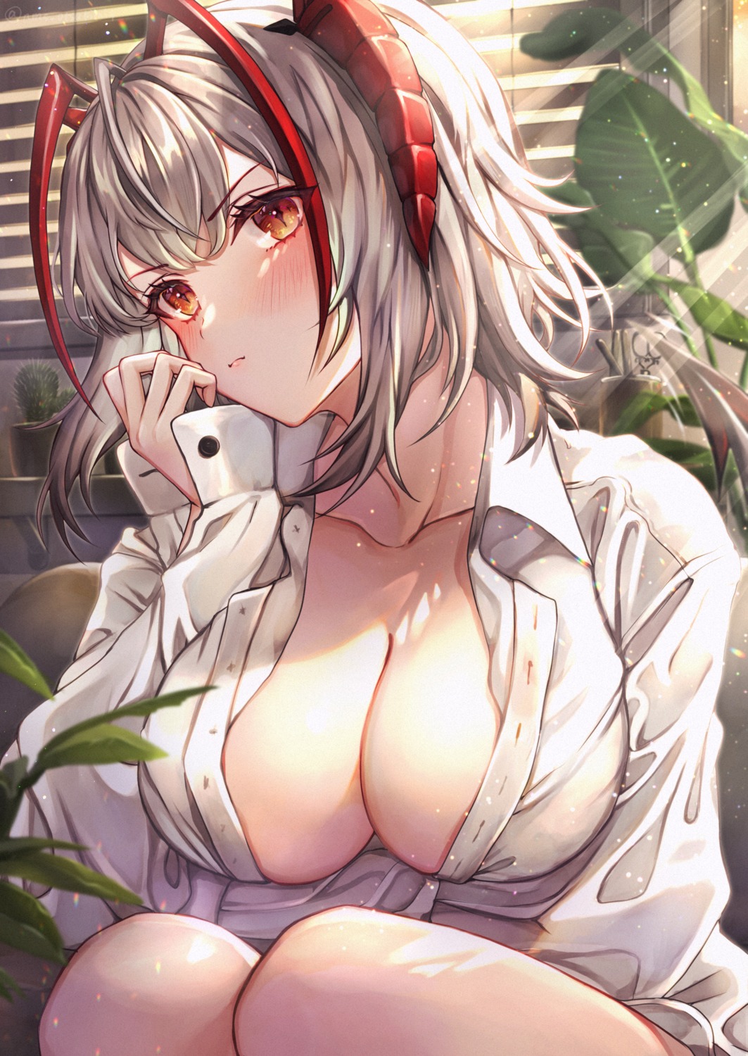 arknights dress_shirt horns no_bra open_shirt tail tamaso w_(arknights)