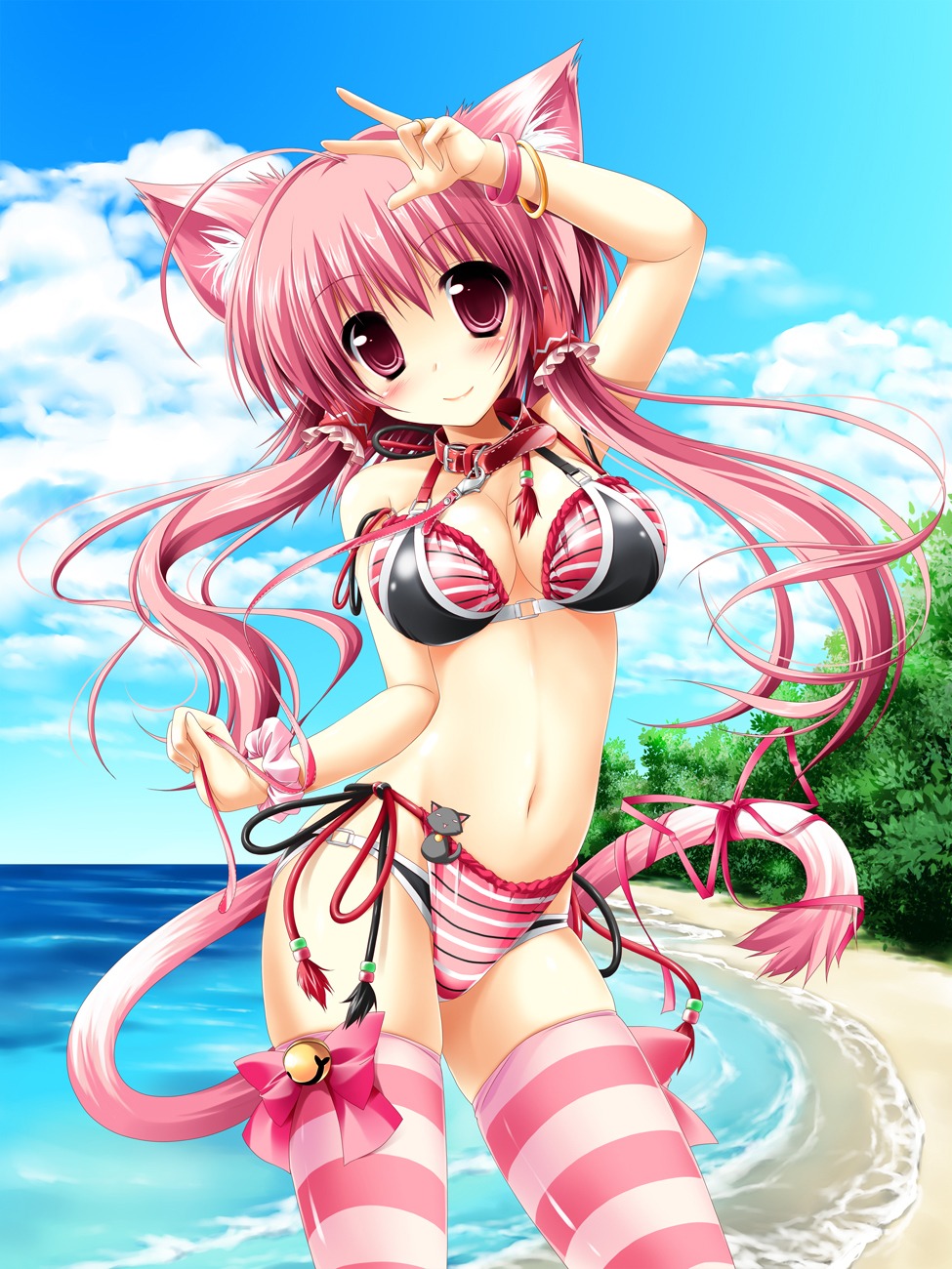 animal_ears bikini cleavage hakurei_reimu kamiya_tomoe nekomimi swimsuits tail thighhighs touhou