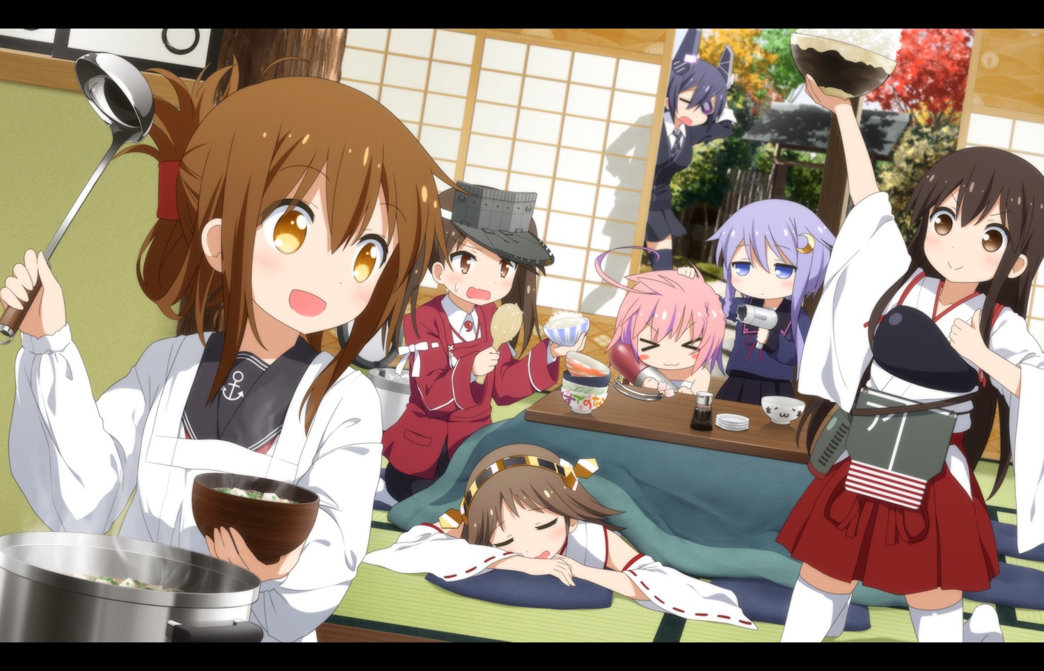 akagi_(kancolle) haribote_(tarao) hiei_(kancolle) i-58_(kancolle) inazuma_(kancolle) kantai_collection ryuujou_(kancolle) tenryuu_(kancolle) thighhighs yayoi_(kancolle)