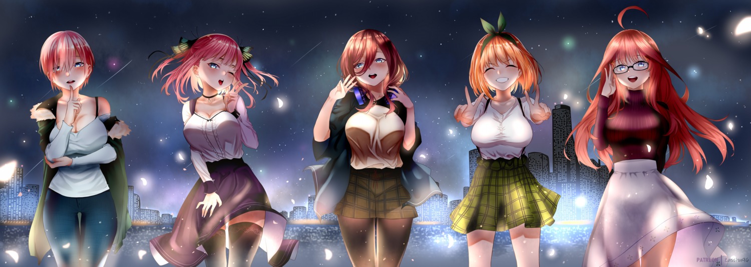 5-toubun_no_hanayome breast_hold cleavage headphones megane nakano_ichika nakano_itsuki nakano_miku nakano_nino nakano_yotsuba pantyhose see_through seifuku skirt_lift sweater thighhighs zasshu_tamashii