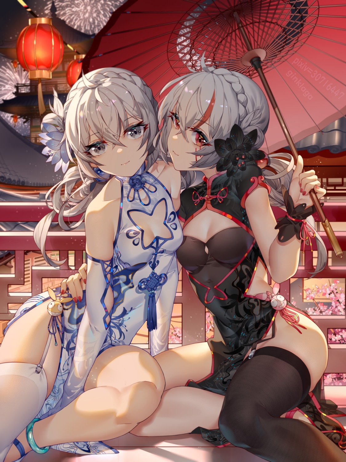 benghuai_xueyuan bronya_zaychik chinadress cleavage ginklaga honkai_impact stockings thighhighs umbrella