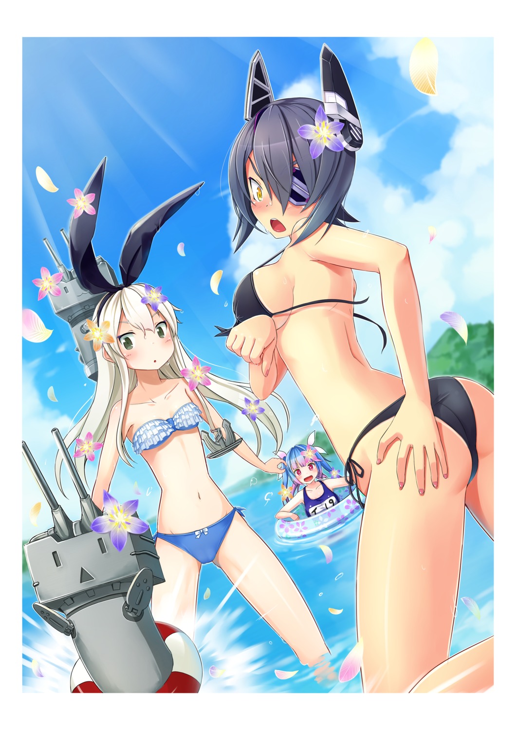 ass bikini cleavage eyepatch i-19_(kancolle) kantai_collection rensouhou-chan sasamitti school_swimsuit shimakaze_(kancolle) swimsuits tan_lines tenryuu_(kancolle) underboob wardrobe_malfunction wet