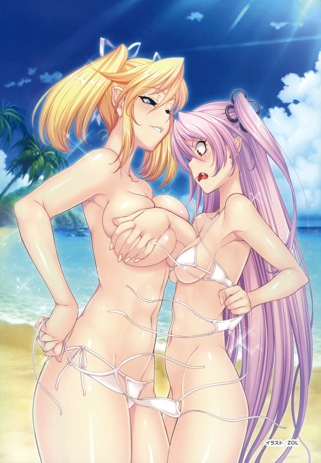 bikini_top black_lilith bottomless breast_hold felicia_(taimanin_kurenai) pointy_ears shinganji_kurenai swimsuits taimanin_kurenai topless underboob zol