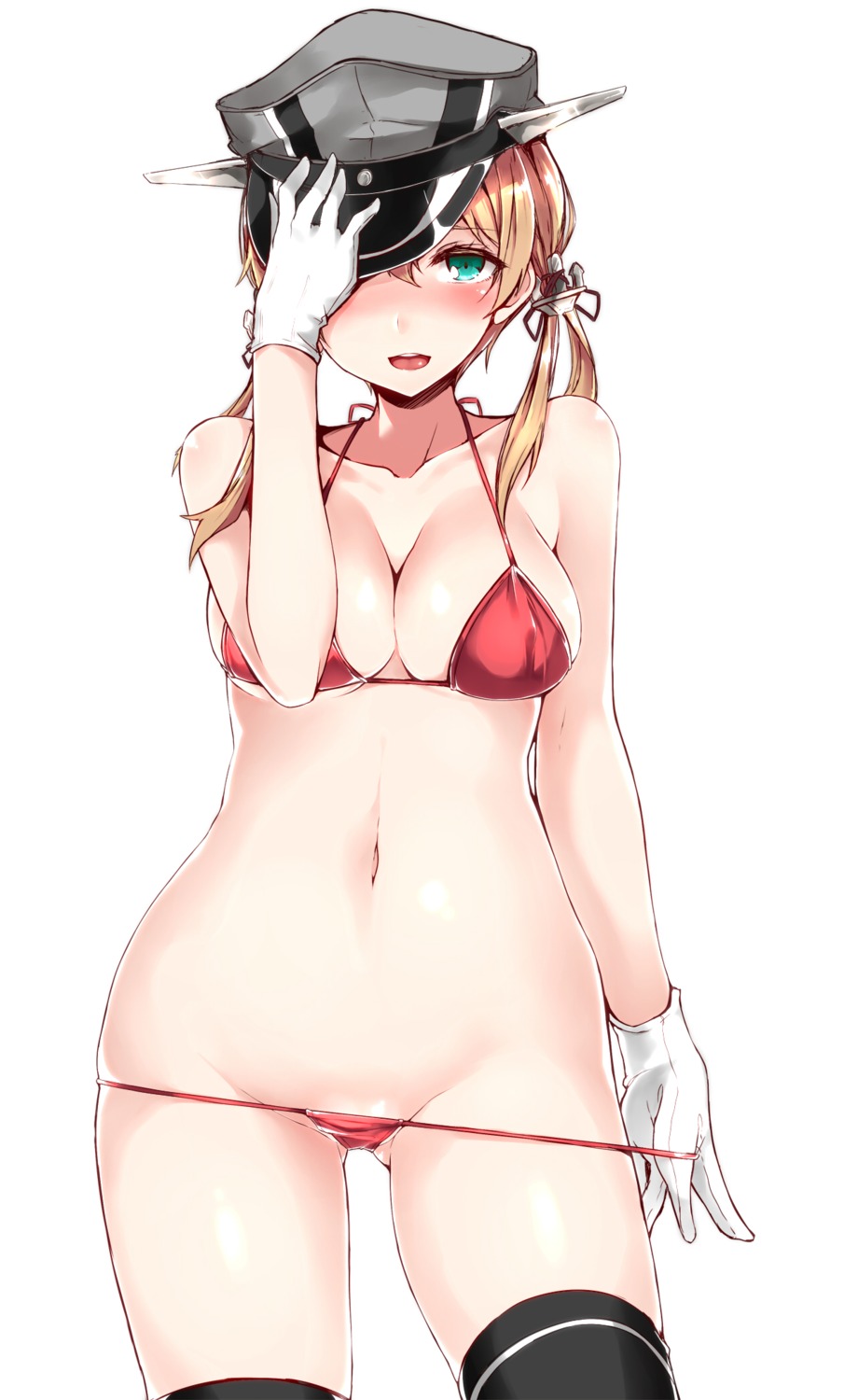 bikini cleavage kantai_collection nanahara_fuyuki panty_pull prinz_eugen_(kancolle) swimsuits thighhighs undressing