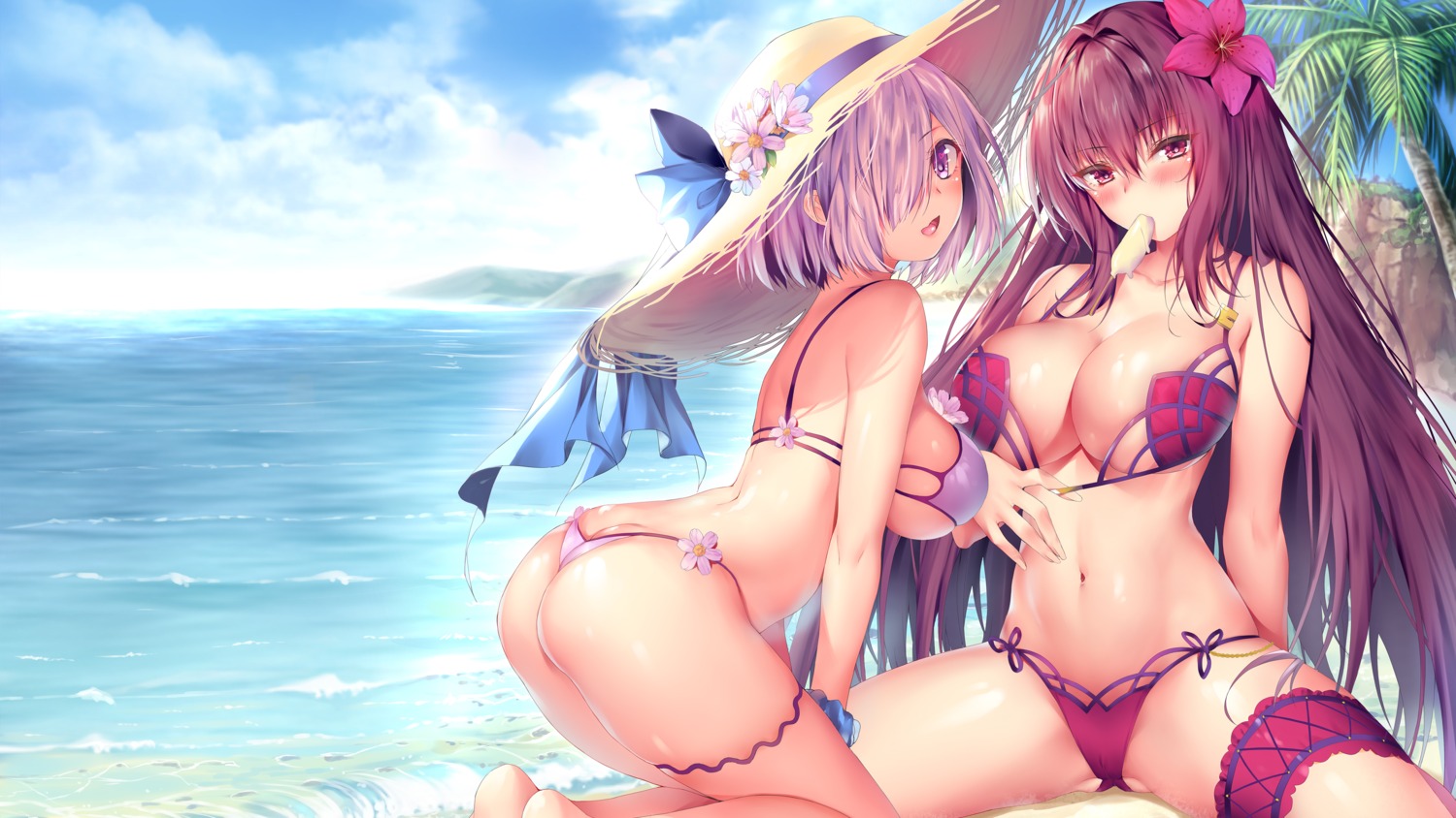 ass bikini fate/grand_order feet garter mash_kyrielight scathach_(fate/grand_order) swimsuits thong wallpaper xin