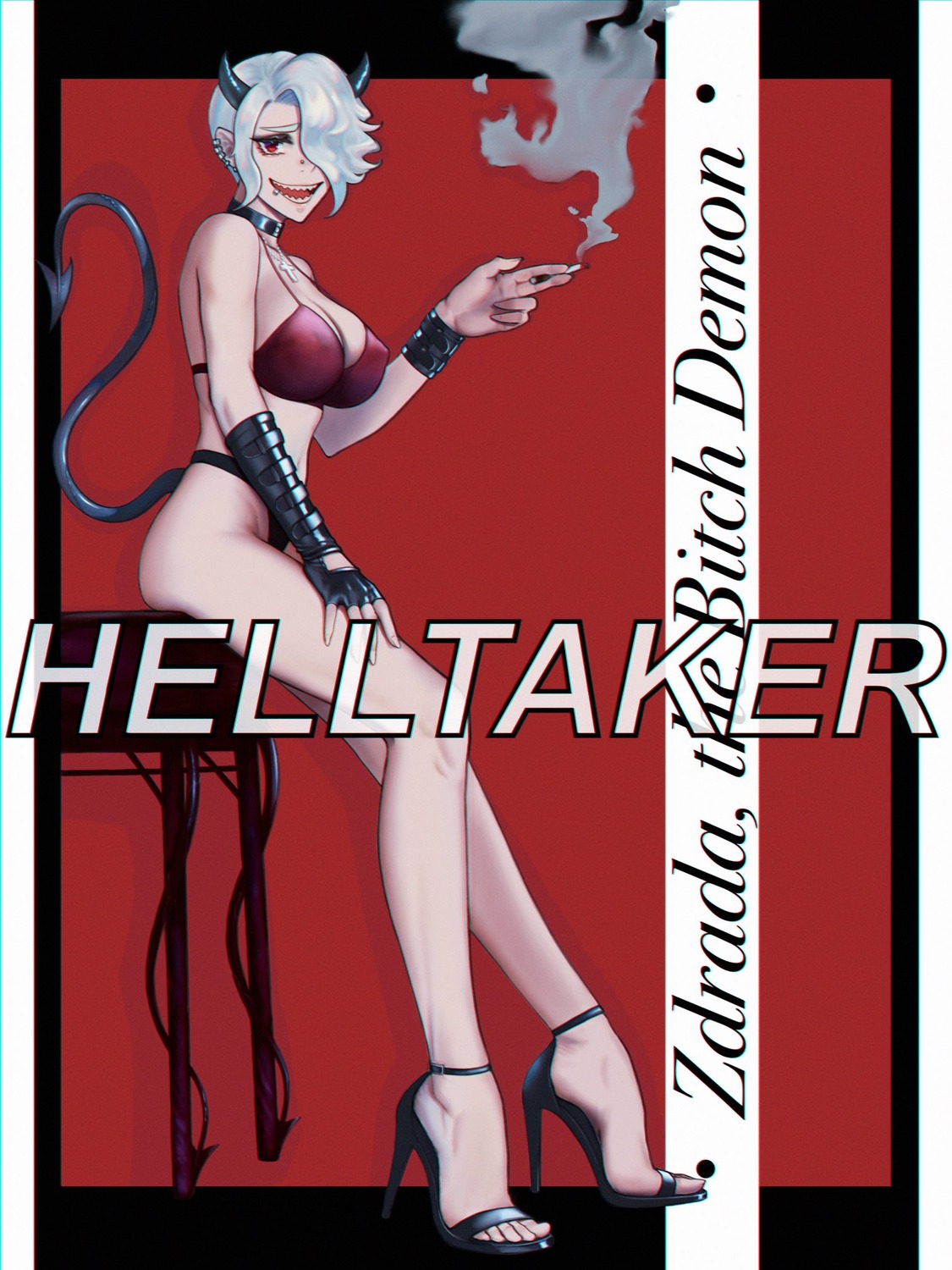 bikini devil erect_nipples heels helltaker hihizaru_badass horns swimsuits tail zdrada_(helltaker)