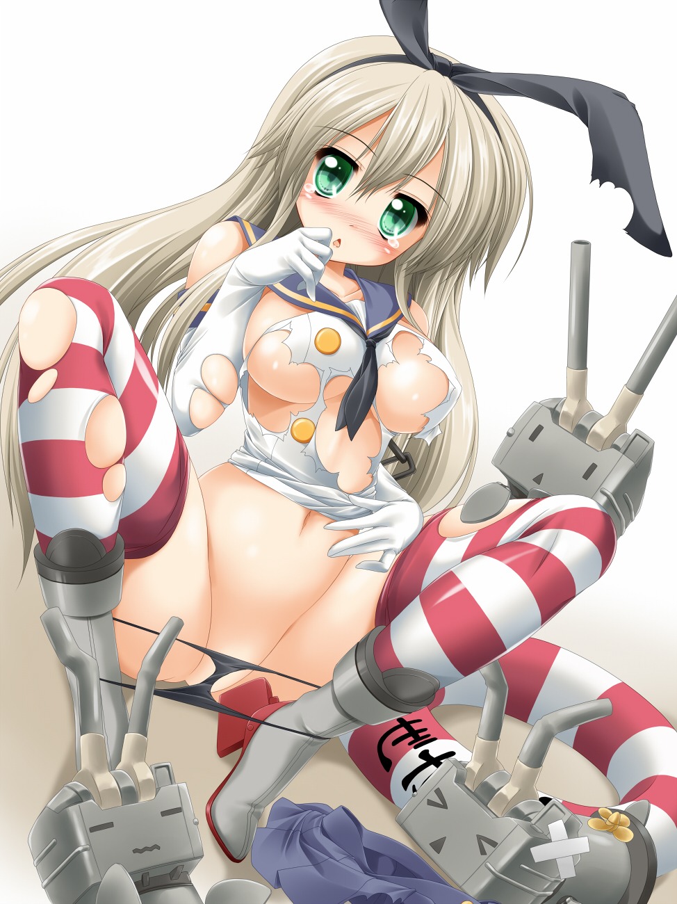 kamiya_tomoe kantai_collection no_bra pantsu panty_pull rensouhou-chan shimakaze_(kancolle) string_panties thighhighs torn_clothes