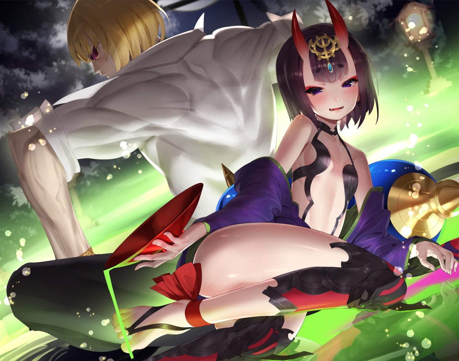 fate/grand_order horns japanese_clothes megane no_bra open_shirt sakata_kintoki_(fate/grand_order) shuten_douji_(fate/grand_order) sukocchi