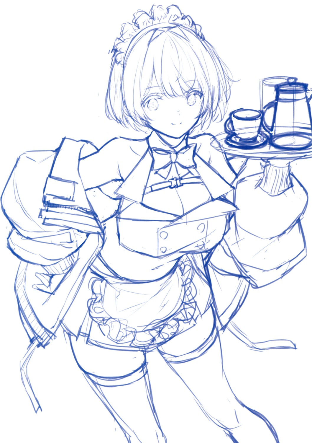 cleavage maid monochrome saitom sketch thighhighs