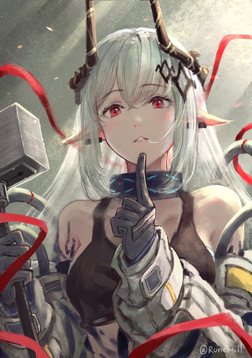 arknights armor horns mudrock_(arknights) pointy_ears runemill tattoo weapon