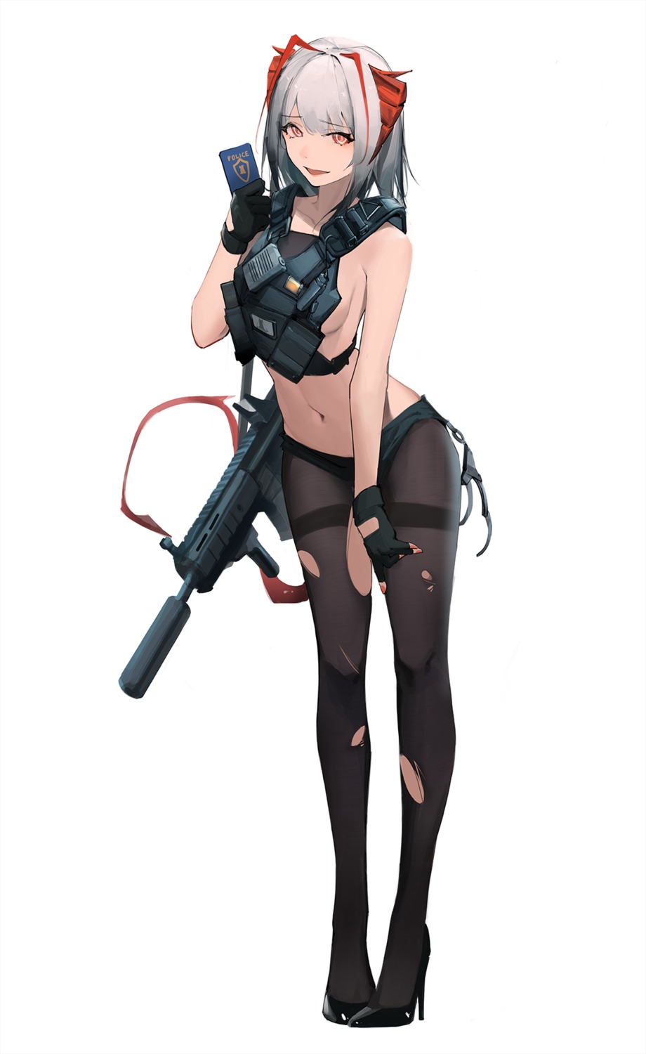 arknights eyyy gun heels horns no_bra pantyhose tail torn_clothes w_(arknights)