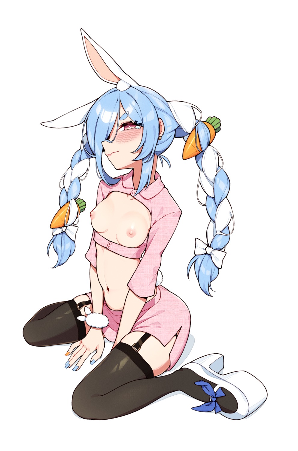 animal_ears breasts bunny_ears heels hololive nipples no_bra open_shirt stockings tail thighhighs unexistarts usada_pekora