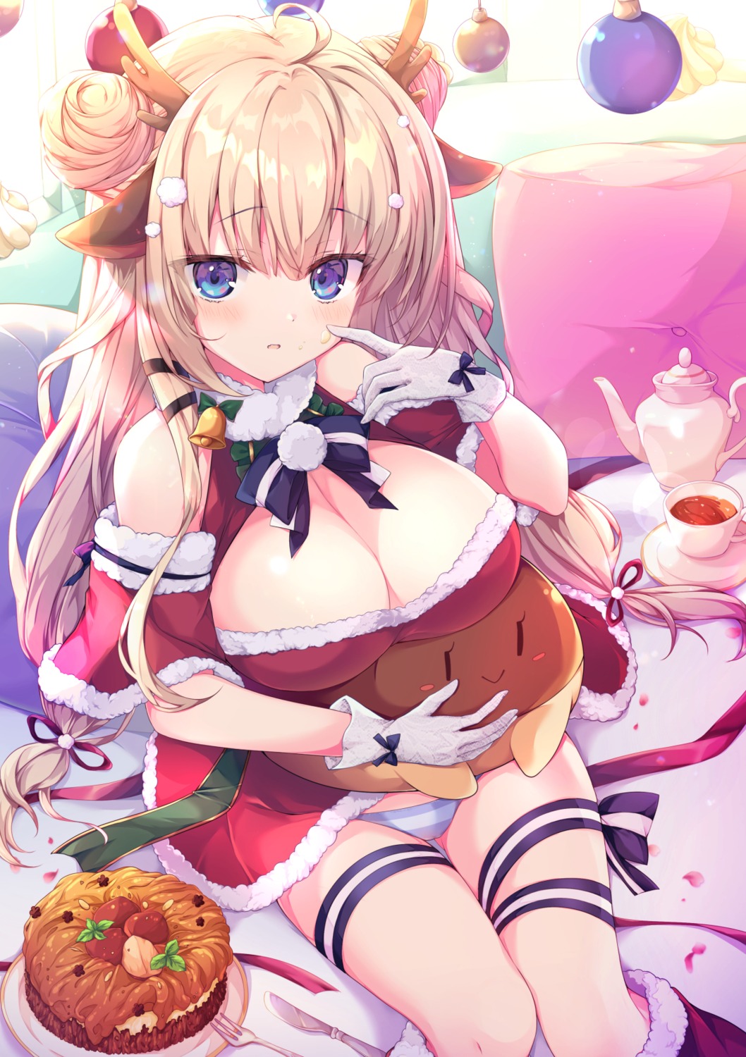 animal_ears breast_hold christmas cream dress garter horns kaniya_shiku no_bra pantsu shimapan skirt_lift