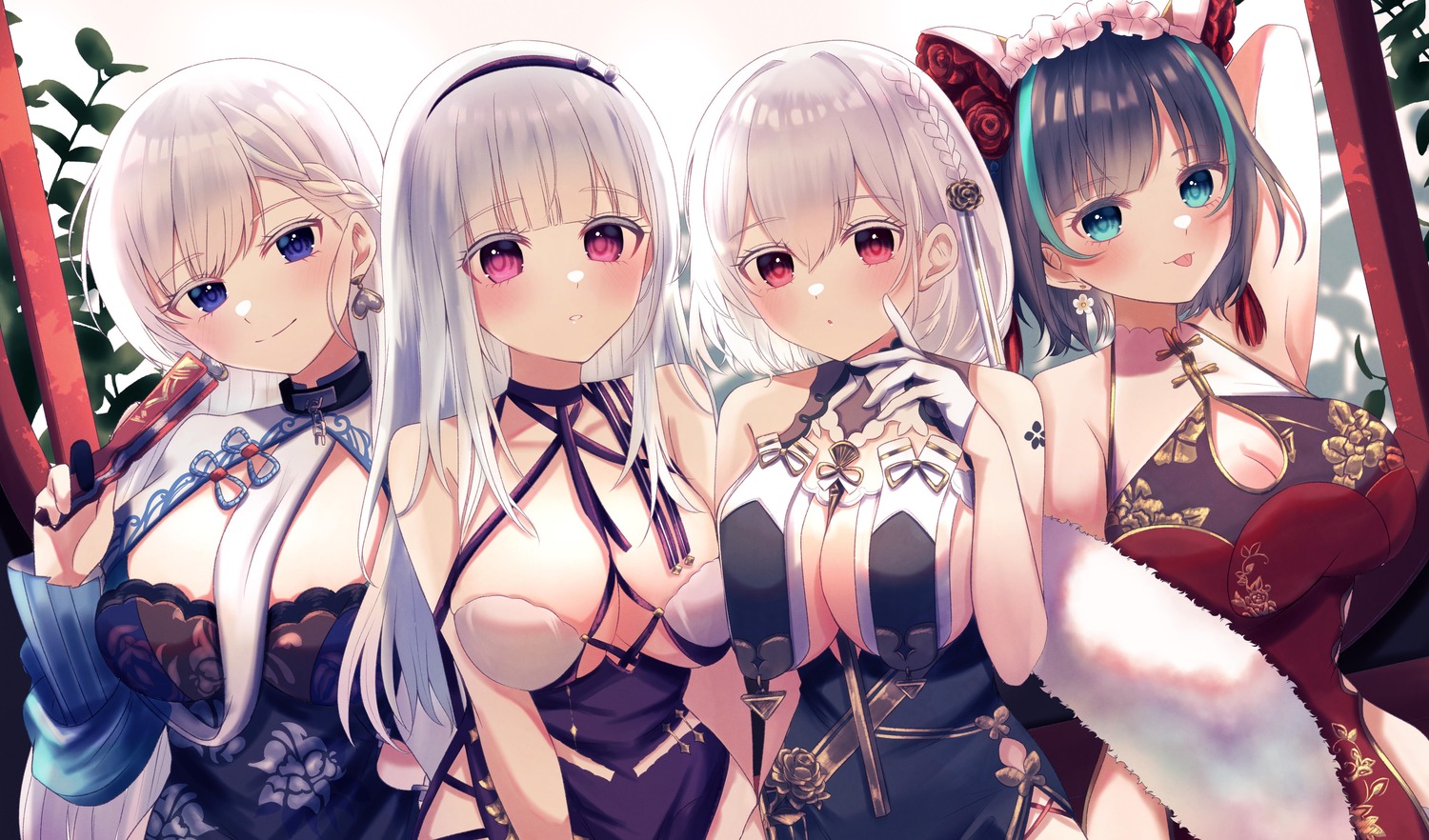 asian_clothes azur_lane belfast_(azur_lane) cheshire_(azur_lane) chinadress cleavage dido_(azur_lane) junineu no_bra sirius_(azur_lane)