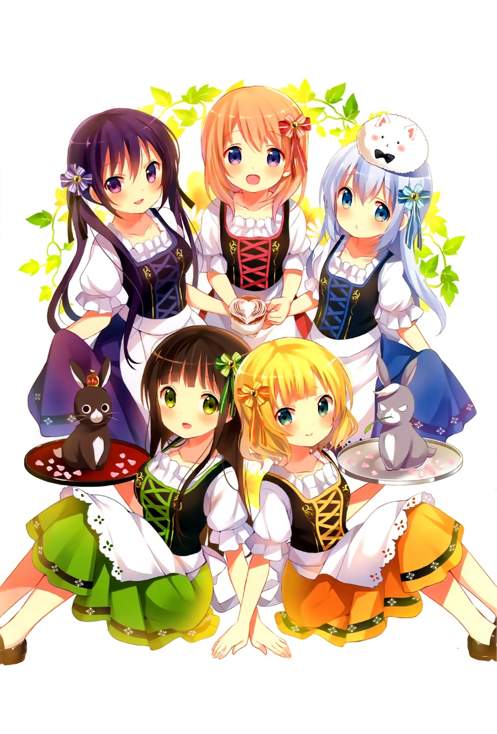 anko_(gochuumon_wa_usagi_desuka?) gochuumon_wa_usagi_desu_ka? hoto_cocoa kafuu_chino kirima_sharo koi skirt_lift tedeza_rize tippy_(gochuumon_wa_usagi_desu_ka?) ujimatsu_chiya waitress wild_geese