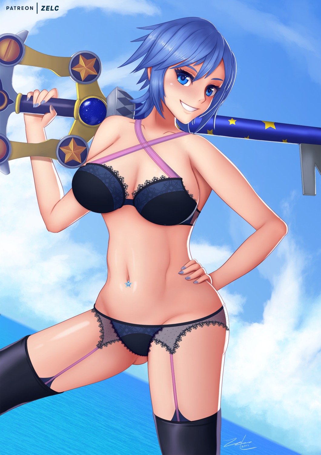 aqua_(kingdom_hearts) bra cleavage garter_belt kingdom_hearts kingdom_hearts_birth_by_sleep pantsu stockings thighhighs weapon zelc-face