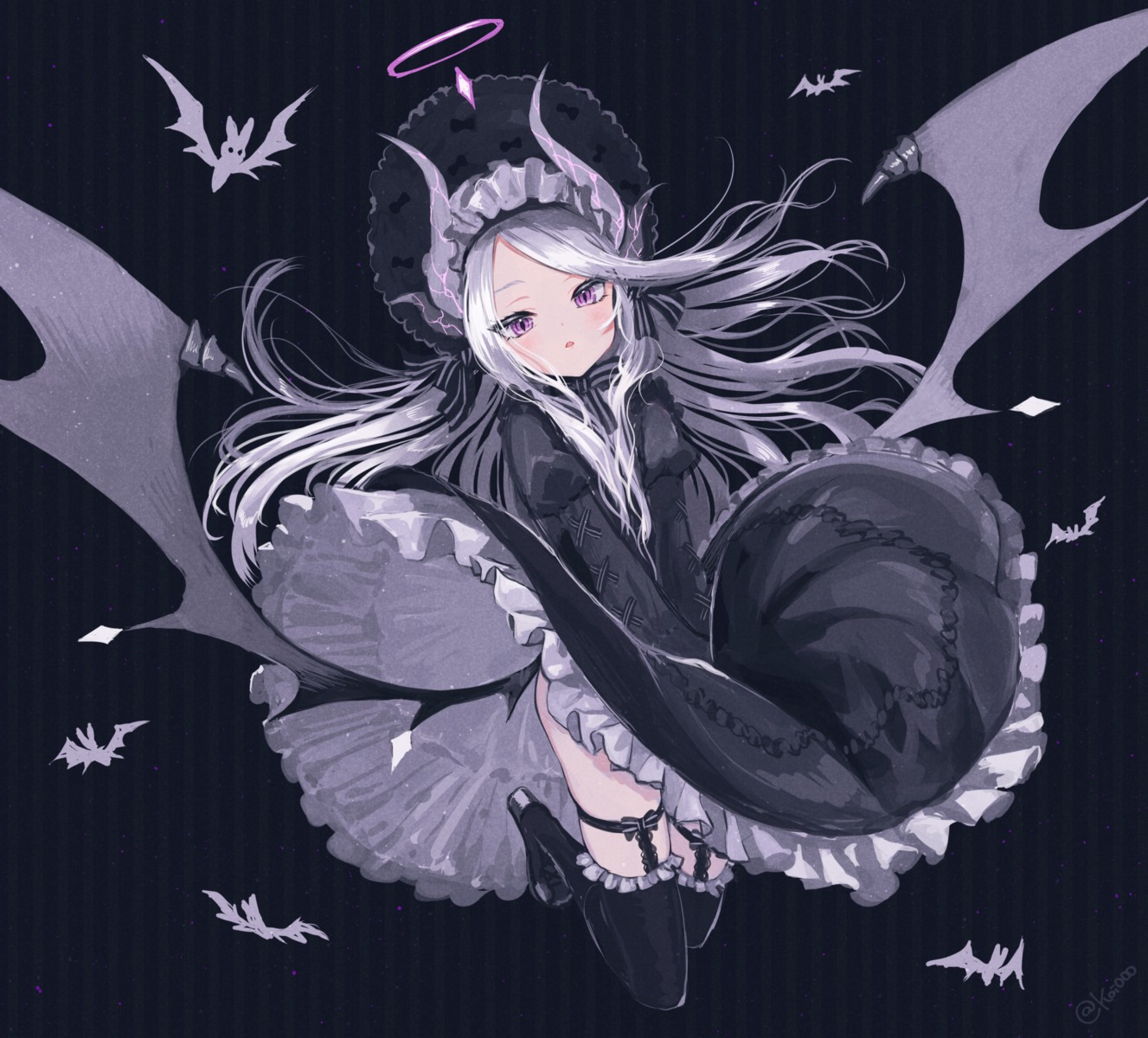 blue_archive devil dress garter gothic_lolita halo horns lolita_fashion nishiki_koi skirt_lift sorasaki_hina stockings thighhighs wings