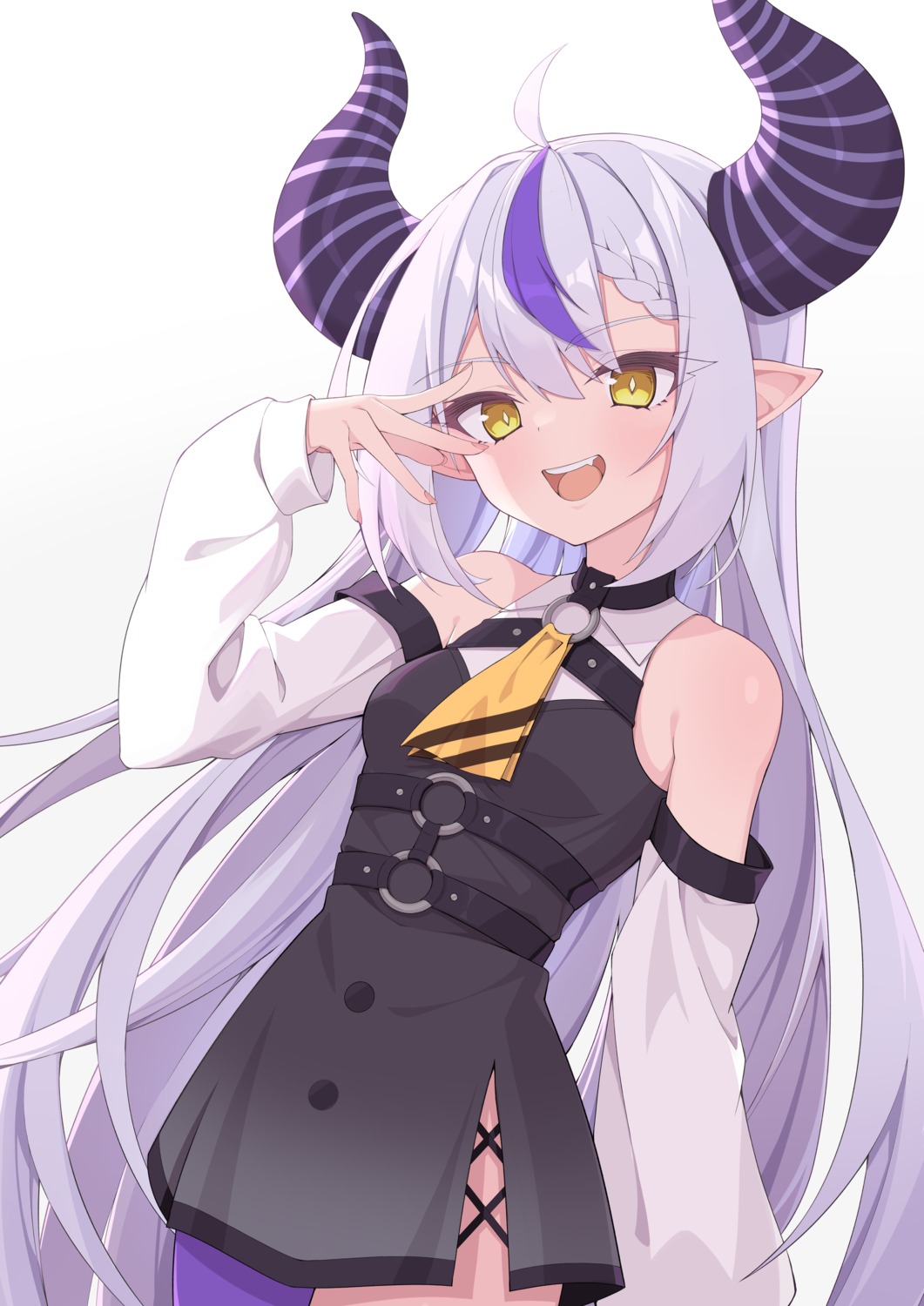 dress hololive horns la+_darknesss pointy_ears quarterlift thighhighs