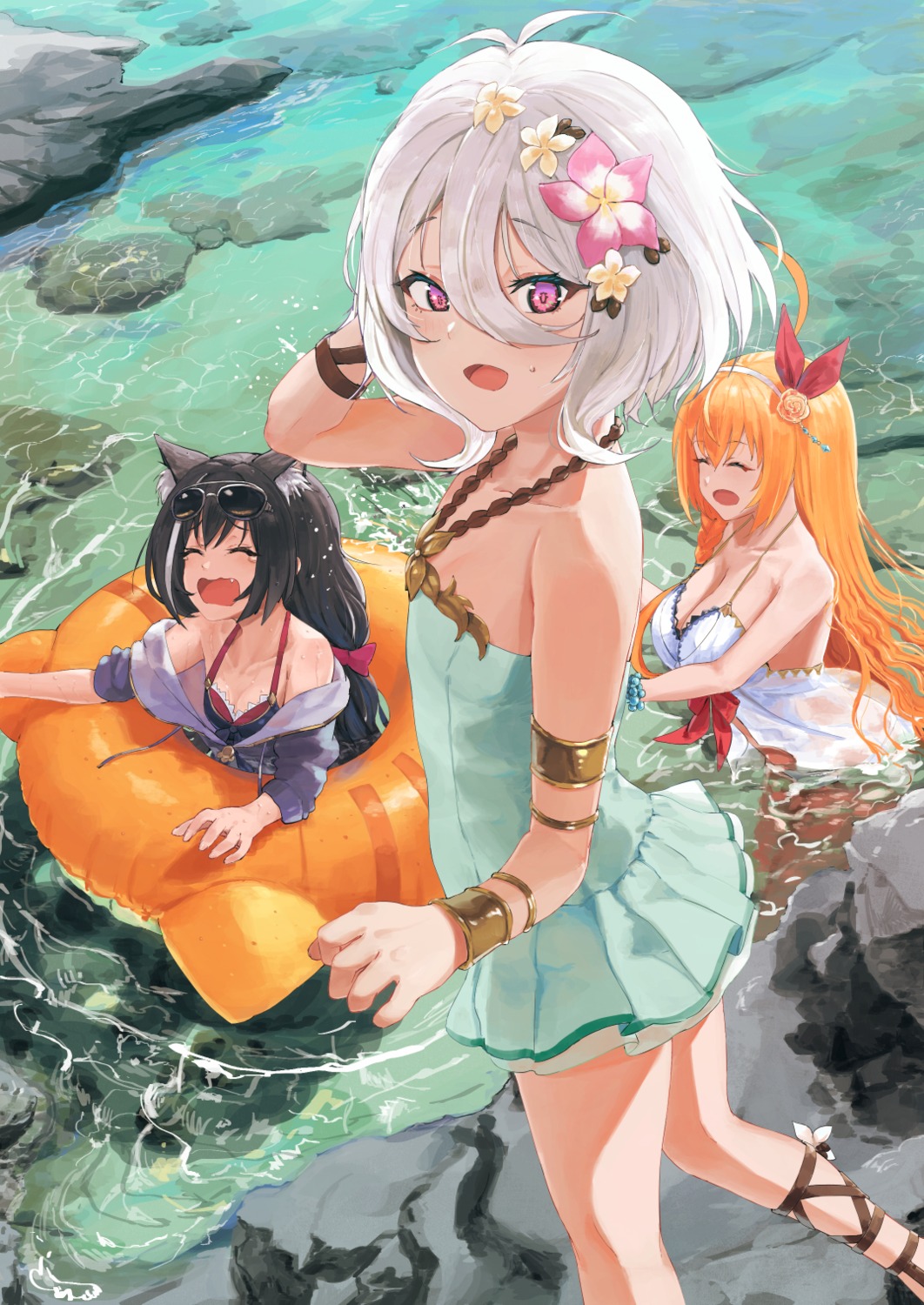 animal_ears bikini cleavage karyl_(princess_connect) kokkoro nekomimi open_shirt pecorine princess_connect! princess_connect!_re:dive see_through swimsuits wet yhes