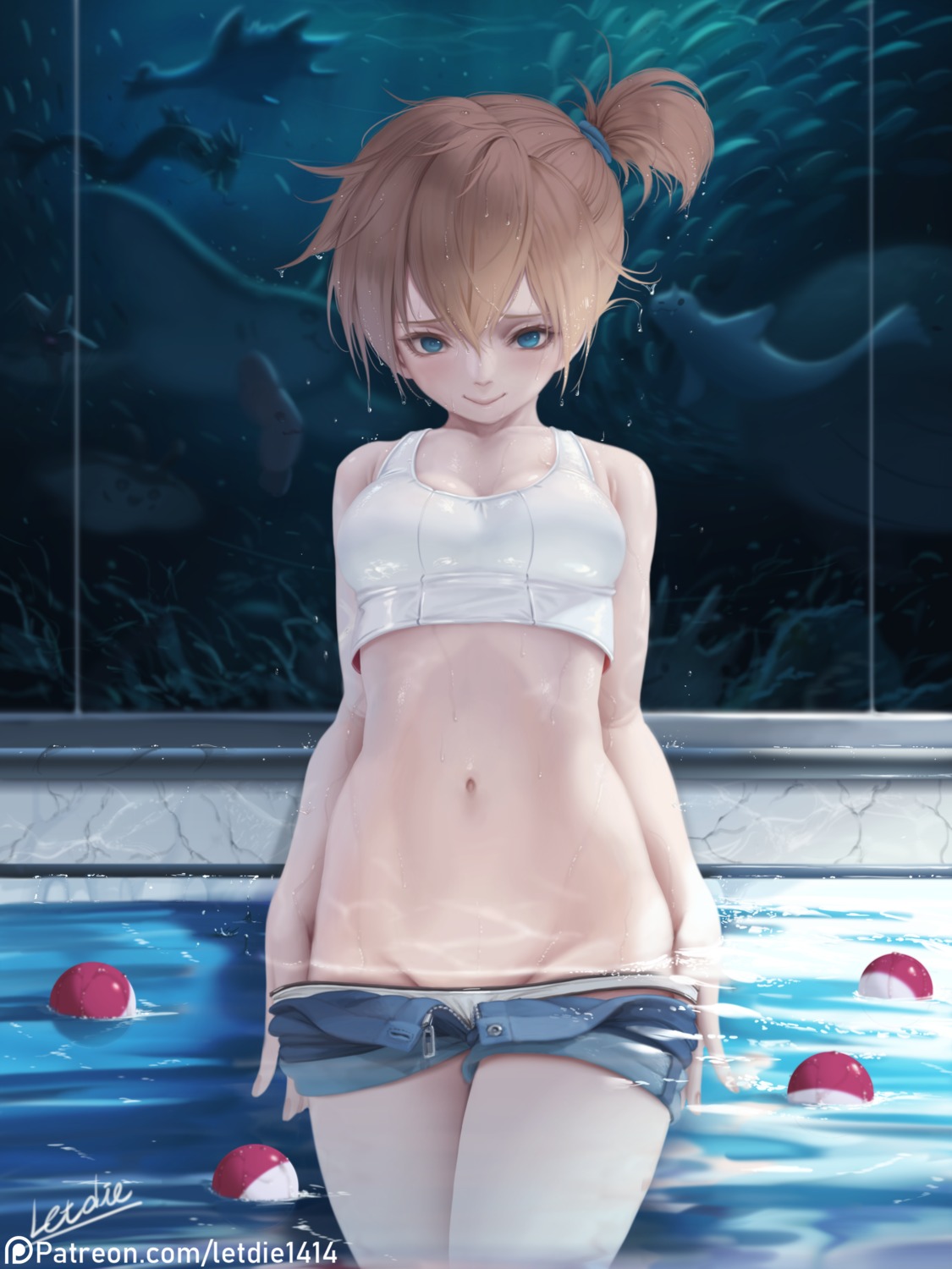 bikini cleavage kasumi_(pokemon) letdie1414 panty_pull pokemon pokemon_frlg pokemon_rgby swimsuits undressing wet