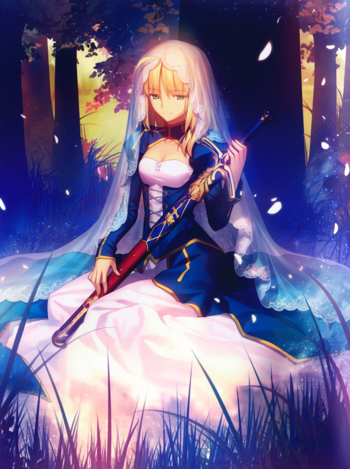 cleavage detexted dress fate/stay_night fate/stay_night_unlimited_blade_works saber sword takeuchi_takashi type-moon