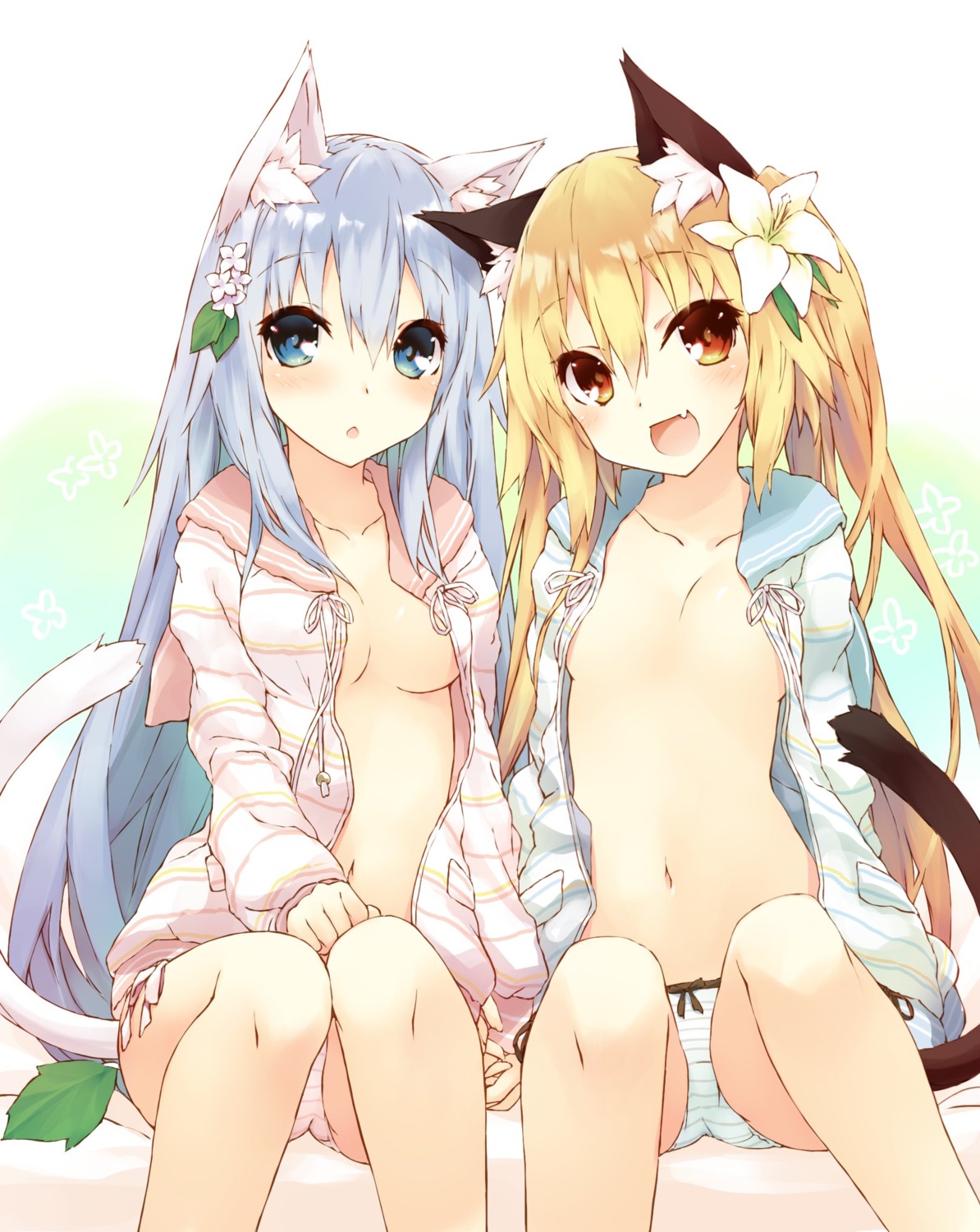 animal_ears breasts nekomimi no_bra open_shirt pantsu saeki_thoma shimapan tail