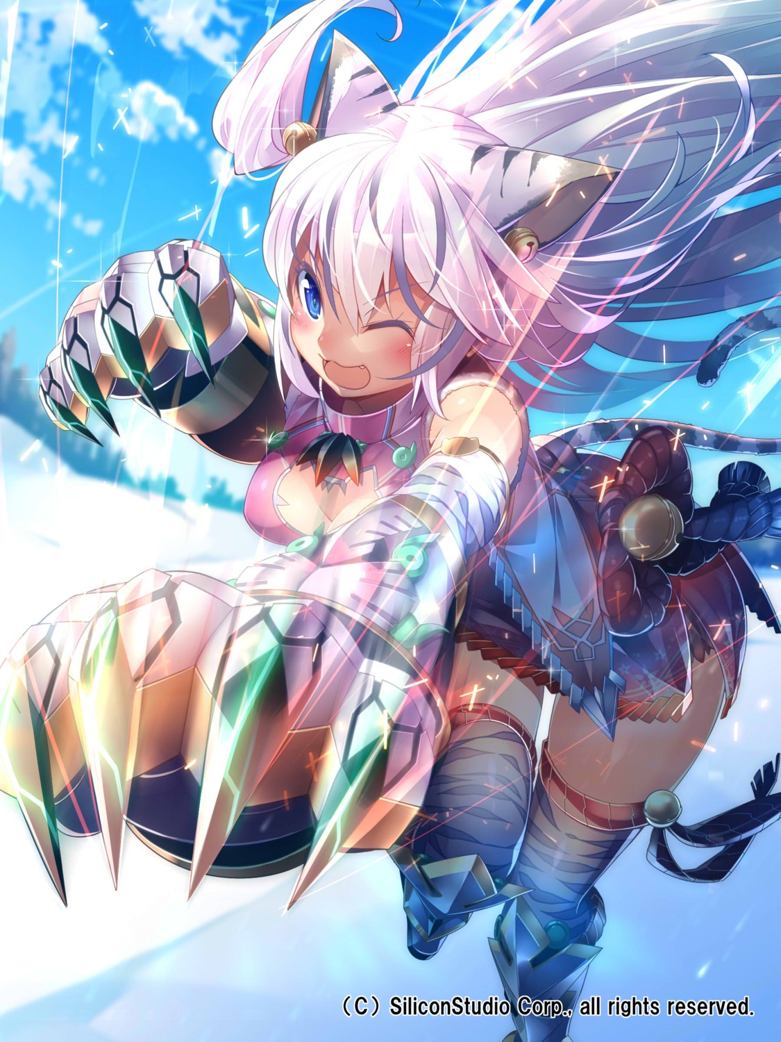 animal_ears armor cleavage gyakushuu_no_fantasica kokka_han tail thighhighs weapon