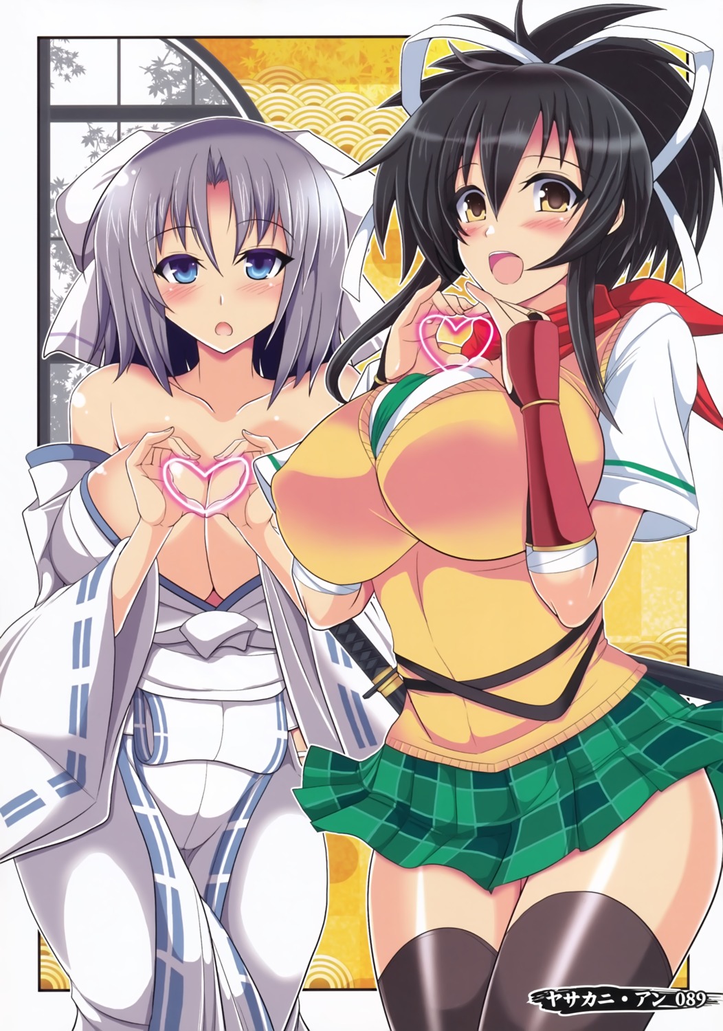 asuka_(senran_kagura) breast_hold erect_nipples no_bra open_shirt screening seifuku senran_kagura thighhighs yasakani_an yukata yumi_(senran_kagura)