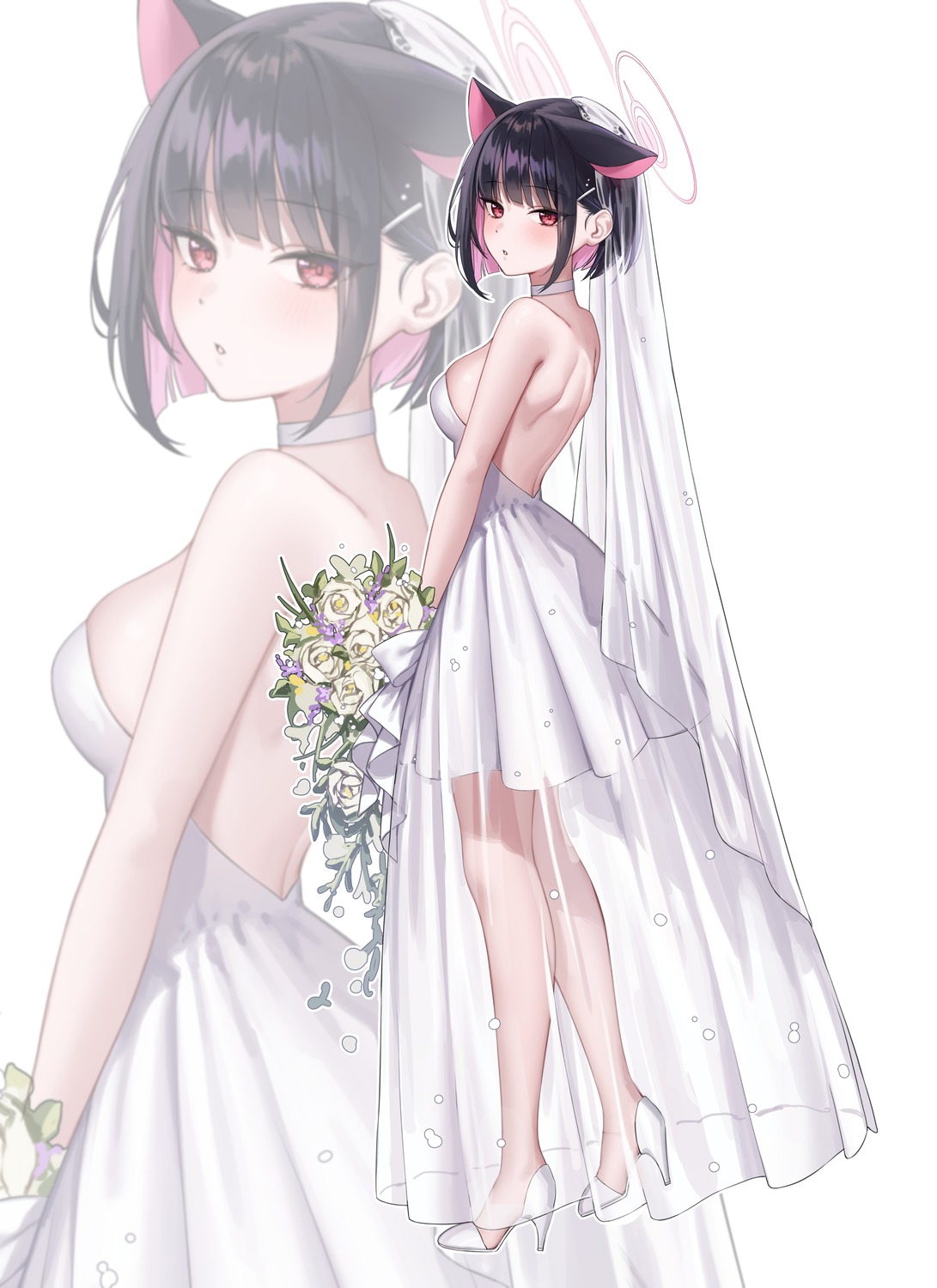 animal_ears blue_archive dress halo heels kyouyama_kazusa nekomimi no_bra raki_kr see_through wedding_dress