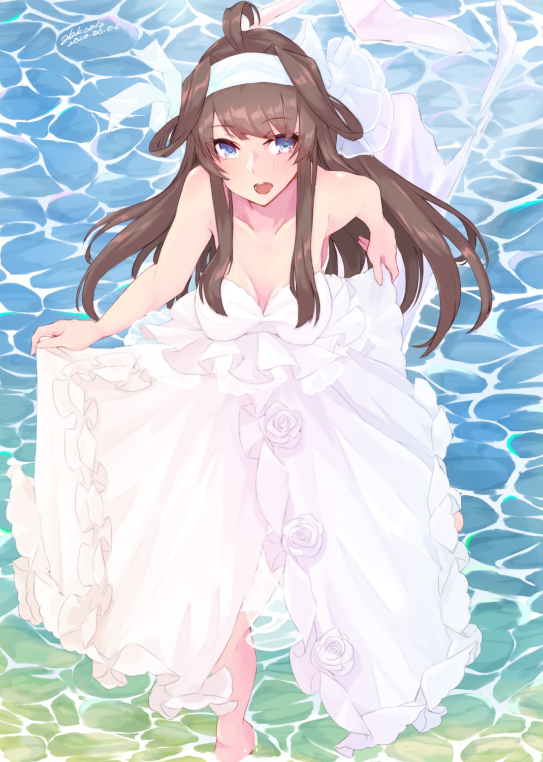 alakoala_shoushou cleavage dress kantai_collection kongou_(kancolle) no_bra see_through skirt_lift wedding_dress wet