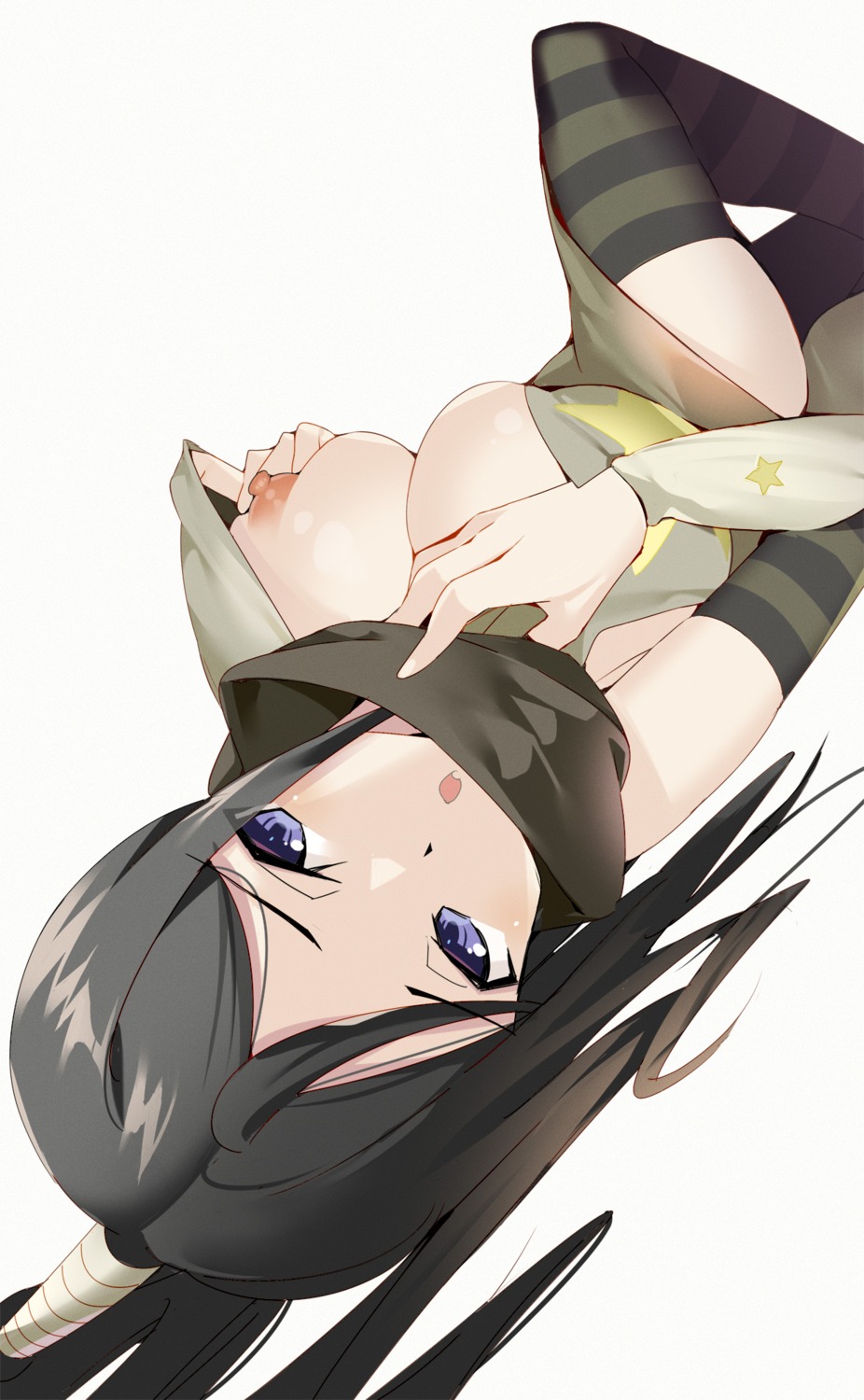 breast_hold machimura_komori ninja nipples no_bra open_shirt thighhighs